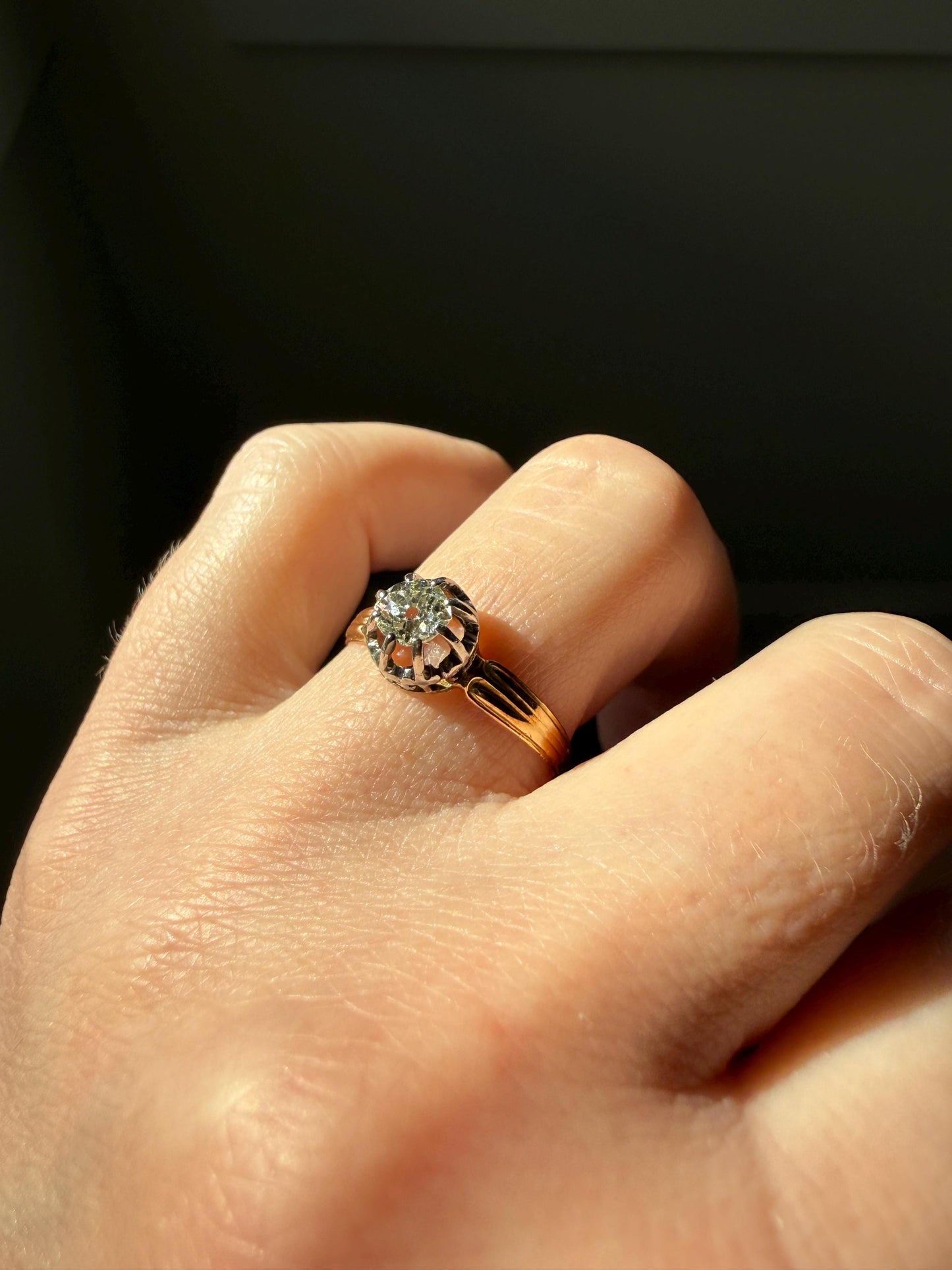 ANTIQUE .4 Carat Old MiNE Cut DIAMOND Ring 18k Gold Solitaire Engagement Minimalist Stacker OMC Warm Victorian Classic Ornate Prongs