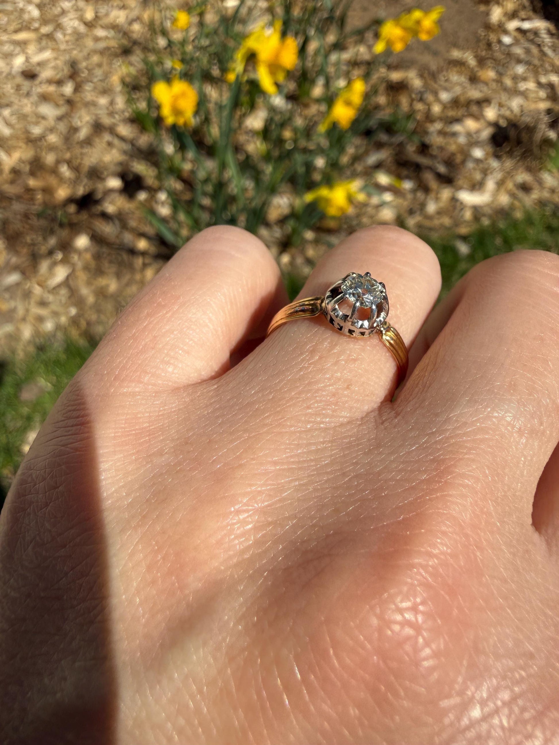 ANTIQUE .4 Carat Old MiNE Cut DIAMOND Ring 18k Gold Solitaire Engagement Minimalist Stacker OMC Warm Victorian Classic Ornate Prongs