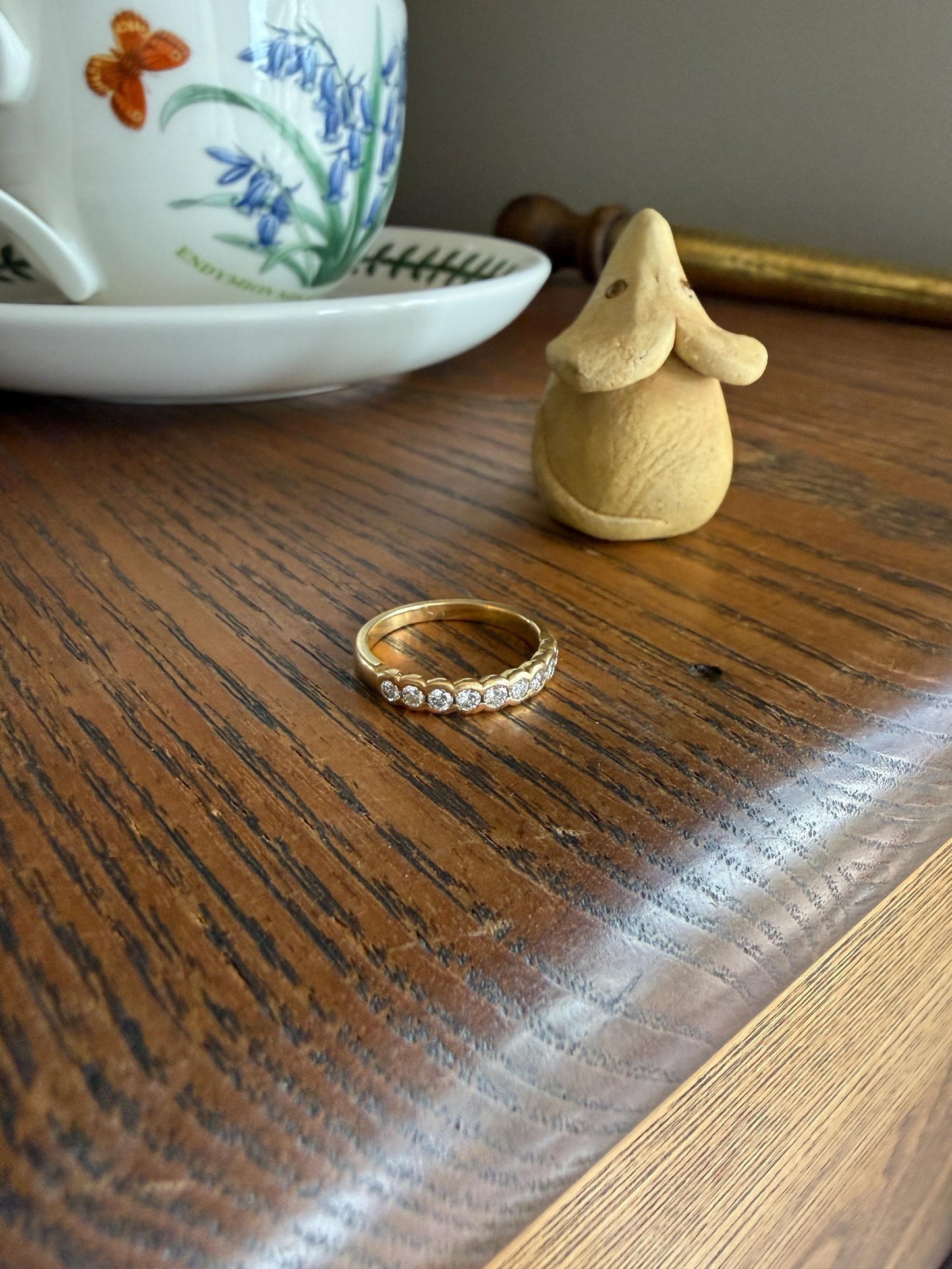 Vintage 18k Gold Nine Stone Diamond Wedding Skinny Band Minimalist Stacker Ring Scalloped Bezel Setting