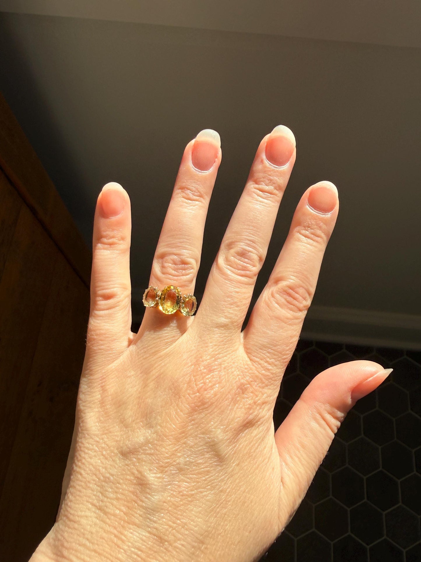 ANTIQUE Victorian Sunny Yellow 3.4 Carats Old Cut Natural Citrine Three Stone Band French Ring 18k Gold Oval Classic Crown Prong Setting