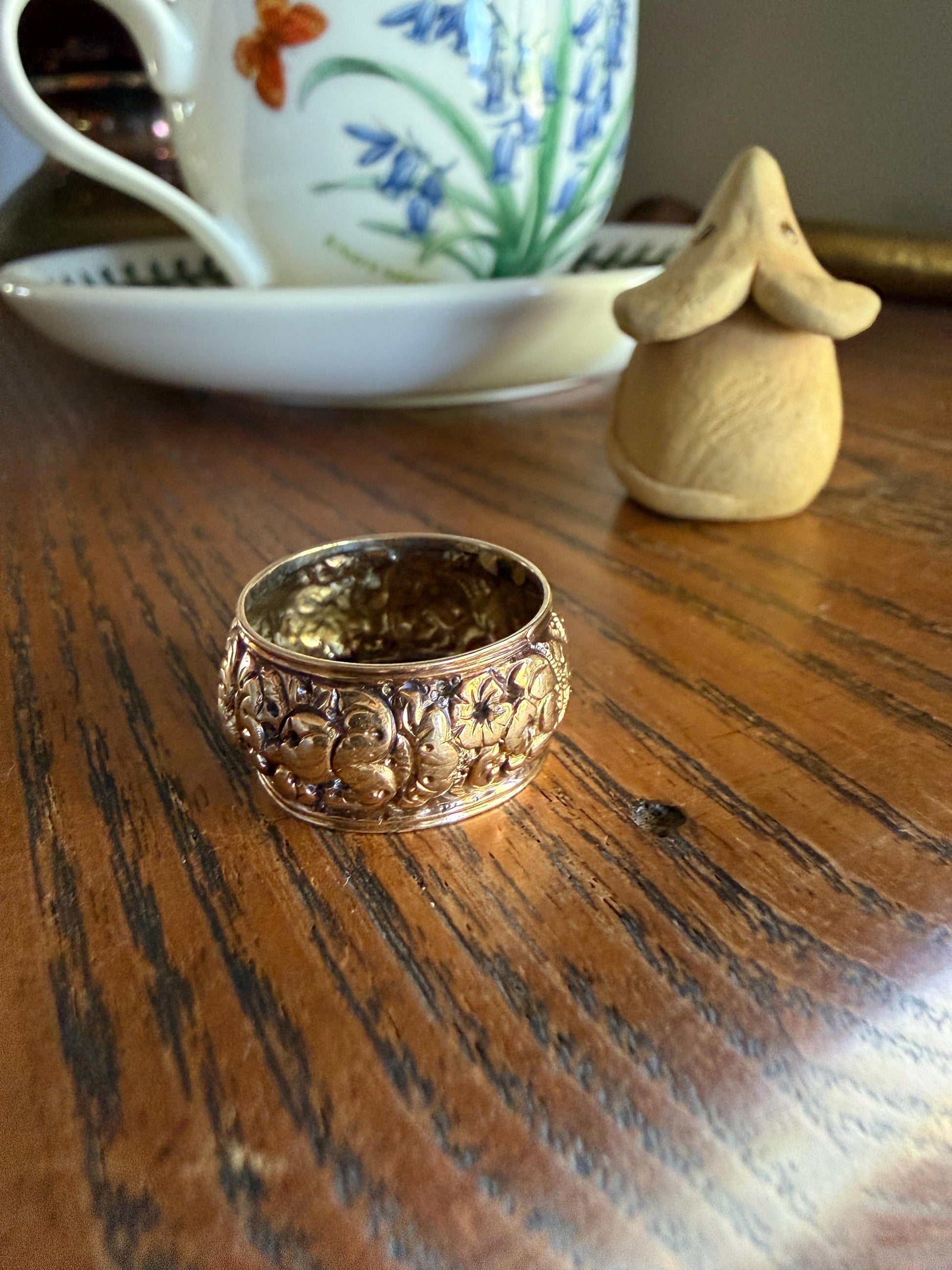 XL Antique FLORAL Embossed French Georgian Victorian Era Eternity Band 11mm Wide Ring 18k Gold Wedding Stacker