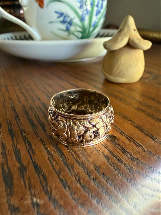 XL Antique FLORAL Embossed French Georgian Victorian Era Eternity Band 11mm Wide Ring 18k Gold Wedding Stacker