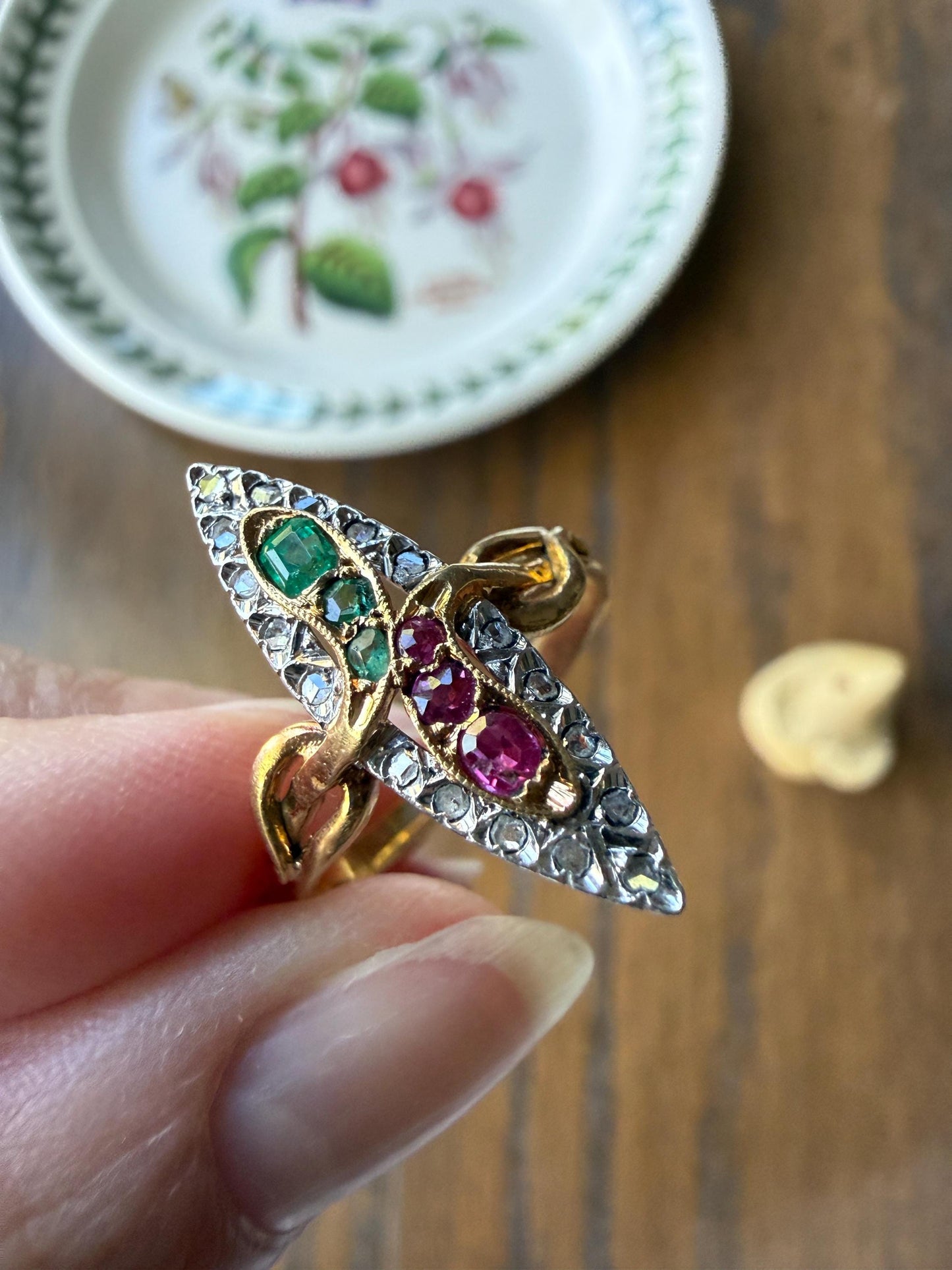 Double SNAKES Antique Ring Natural Ruby Emerald Rose Cut DIAMOND Halo Navette Ring 18k Gold Platinum Red Green Victorian Love Gift