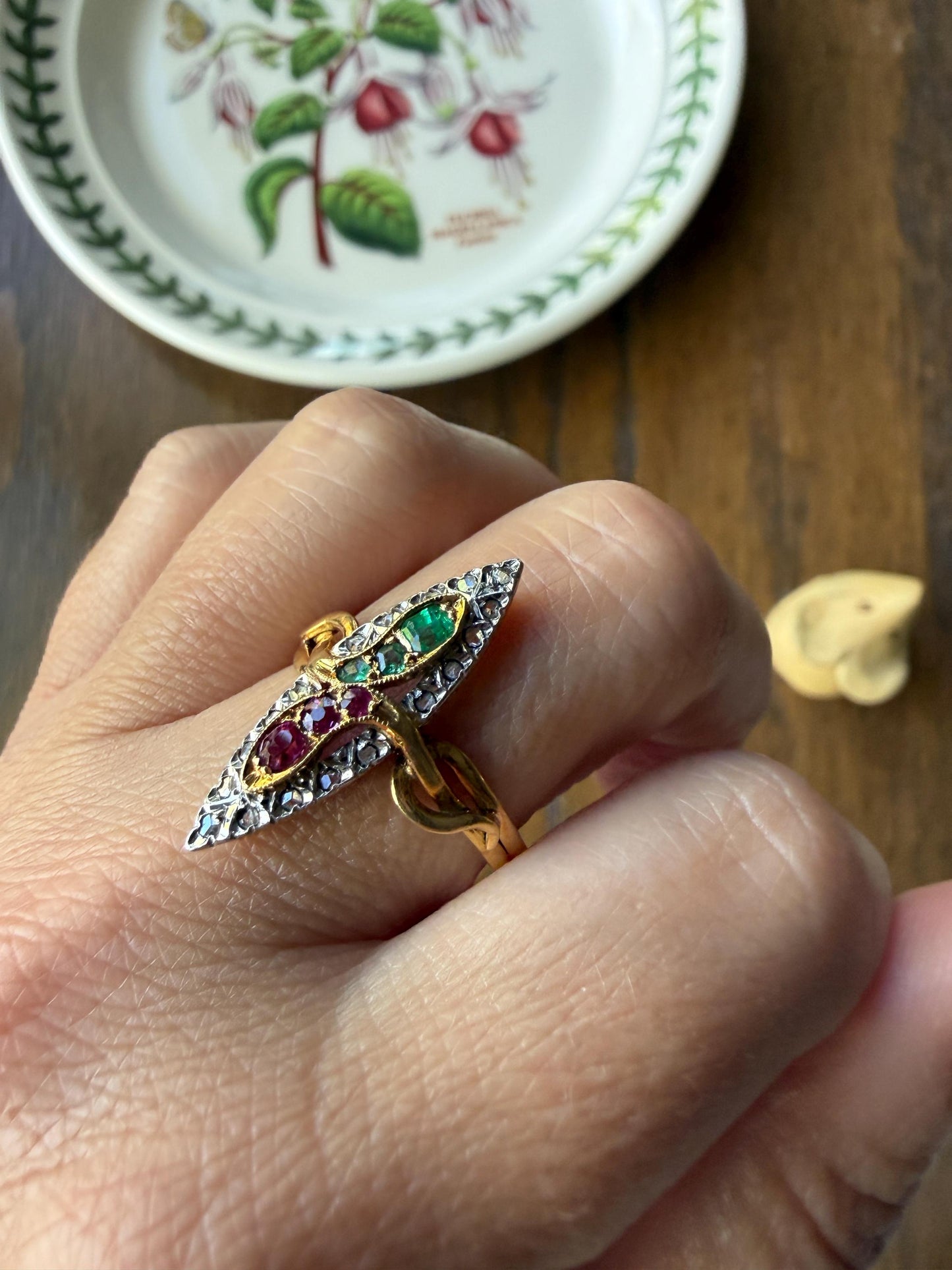 Double SNAKES Antique Ring Natural Ruby Emerald Rose Cut DIAMOND Halo Navette Ring 18k Gold Platinum Red Green Victorian Love Gift