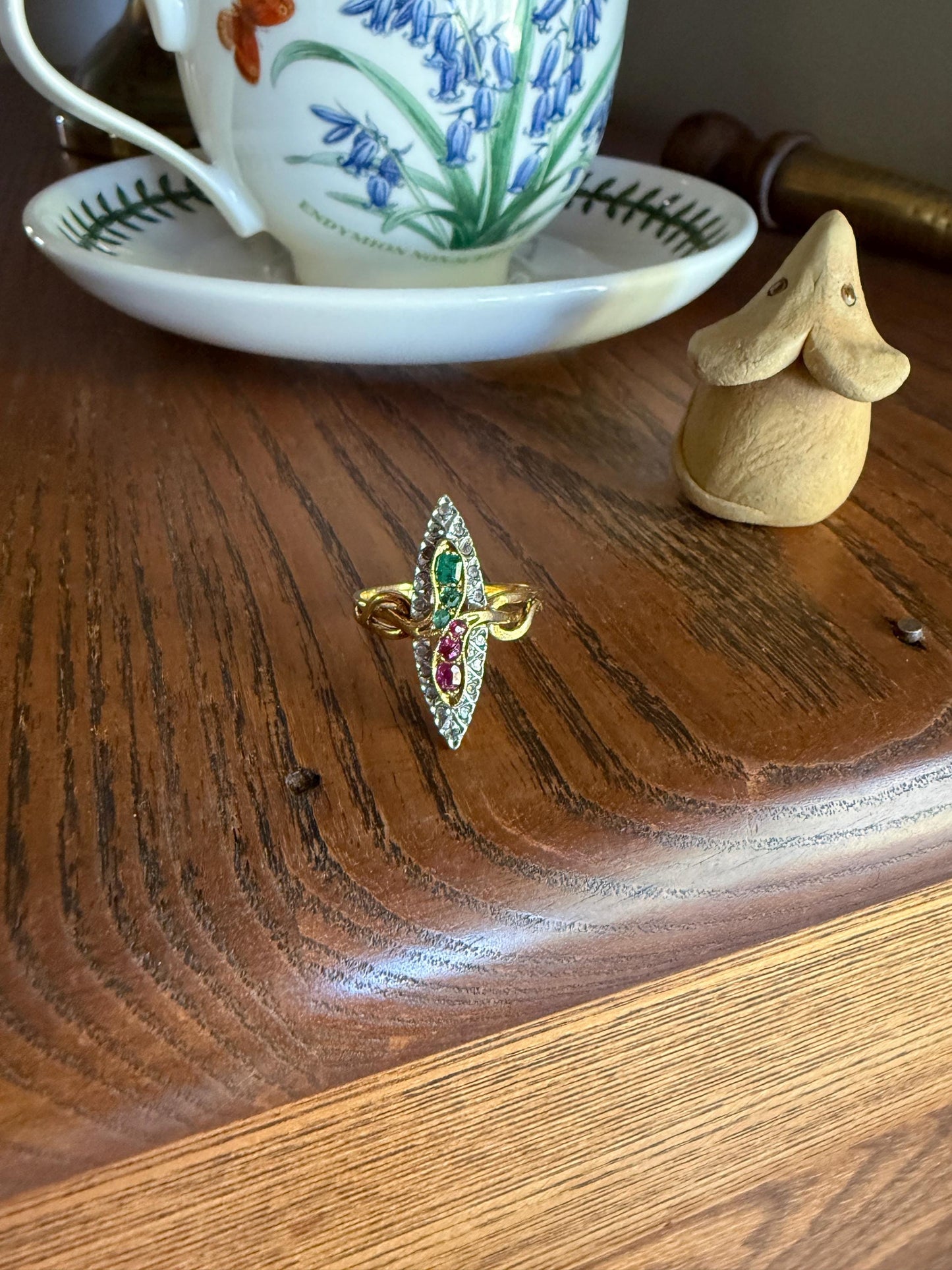 Double SNAKES Antique Ring Natural Ruby Emerald Rose Cut DIAMOND Halo Navette Ring 18k Gold Platinum Red Green Victorian Love Gift
