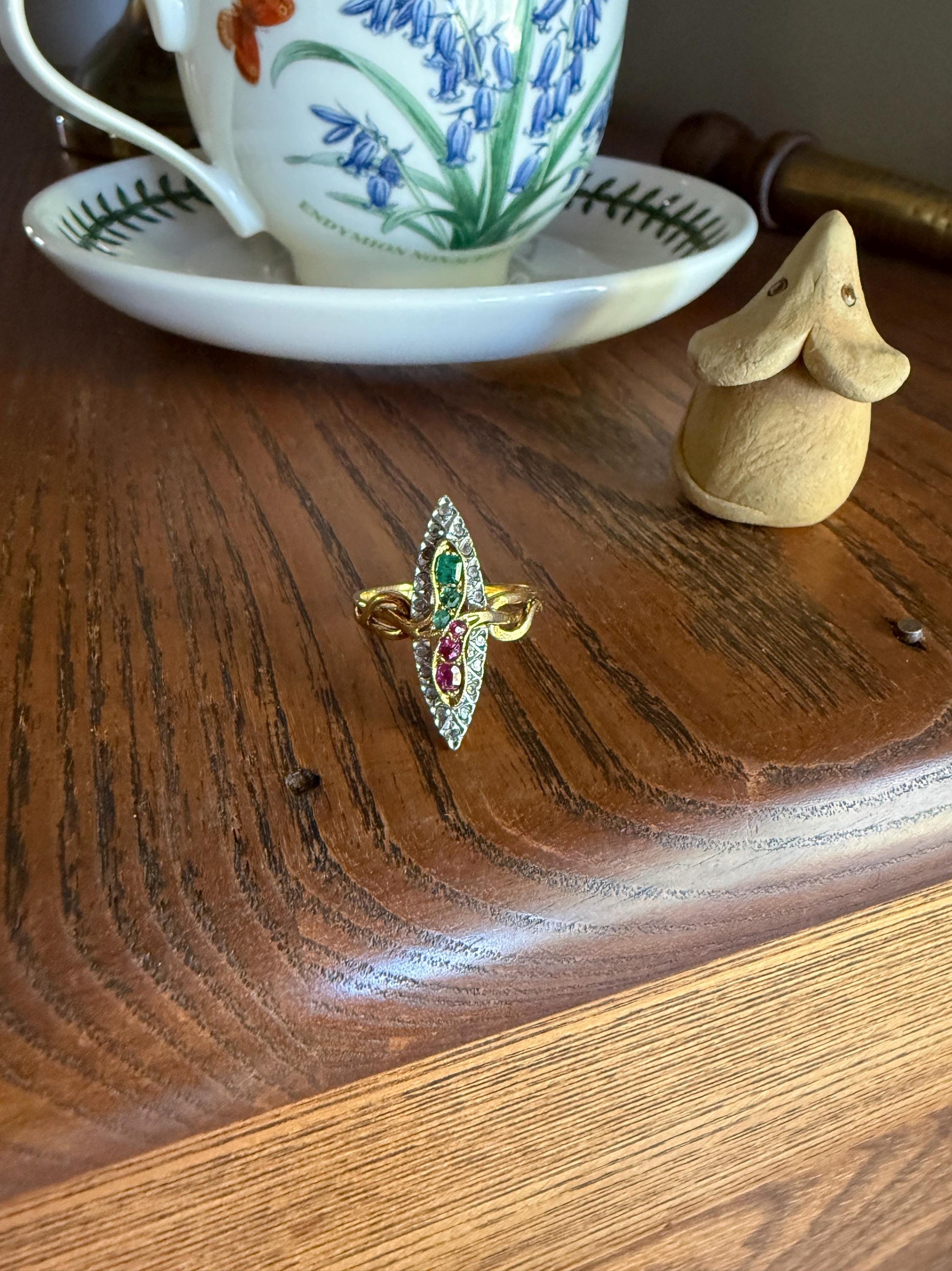 Double SNAKES Antique Ring Natural Ruby Emerald Rose Cut DIAMOND Halo Navette Ring 18k Gold Platinum Red Green Victorian Love Gift