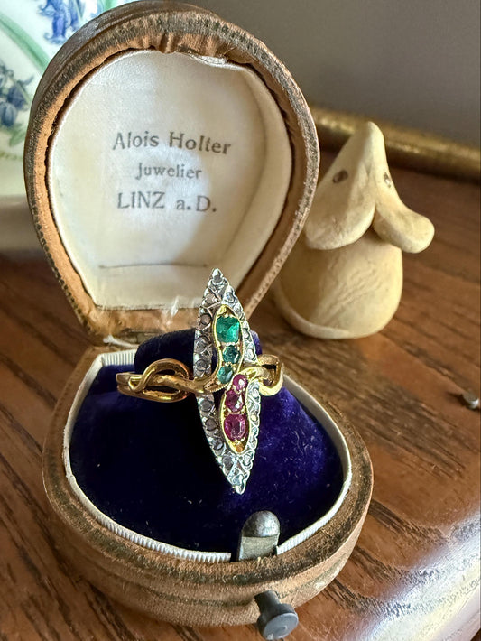 Double SNAKES Antique Ring Natural Ruby Emerald Rose Cut DIAMOND Halo Navette Ring 18k Gold Platinum Red Green Victorian Love Gift