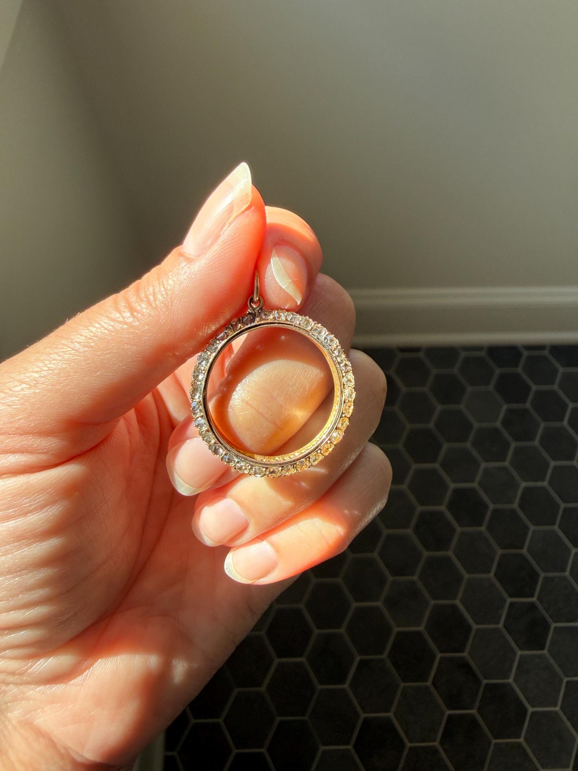 CIRCLE Pendant 32 Rose Cut DIAMOND Encrusted 18k Gold Antique VICTORIAN Figural Halo Frame Round Geometric Old Cut Gift