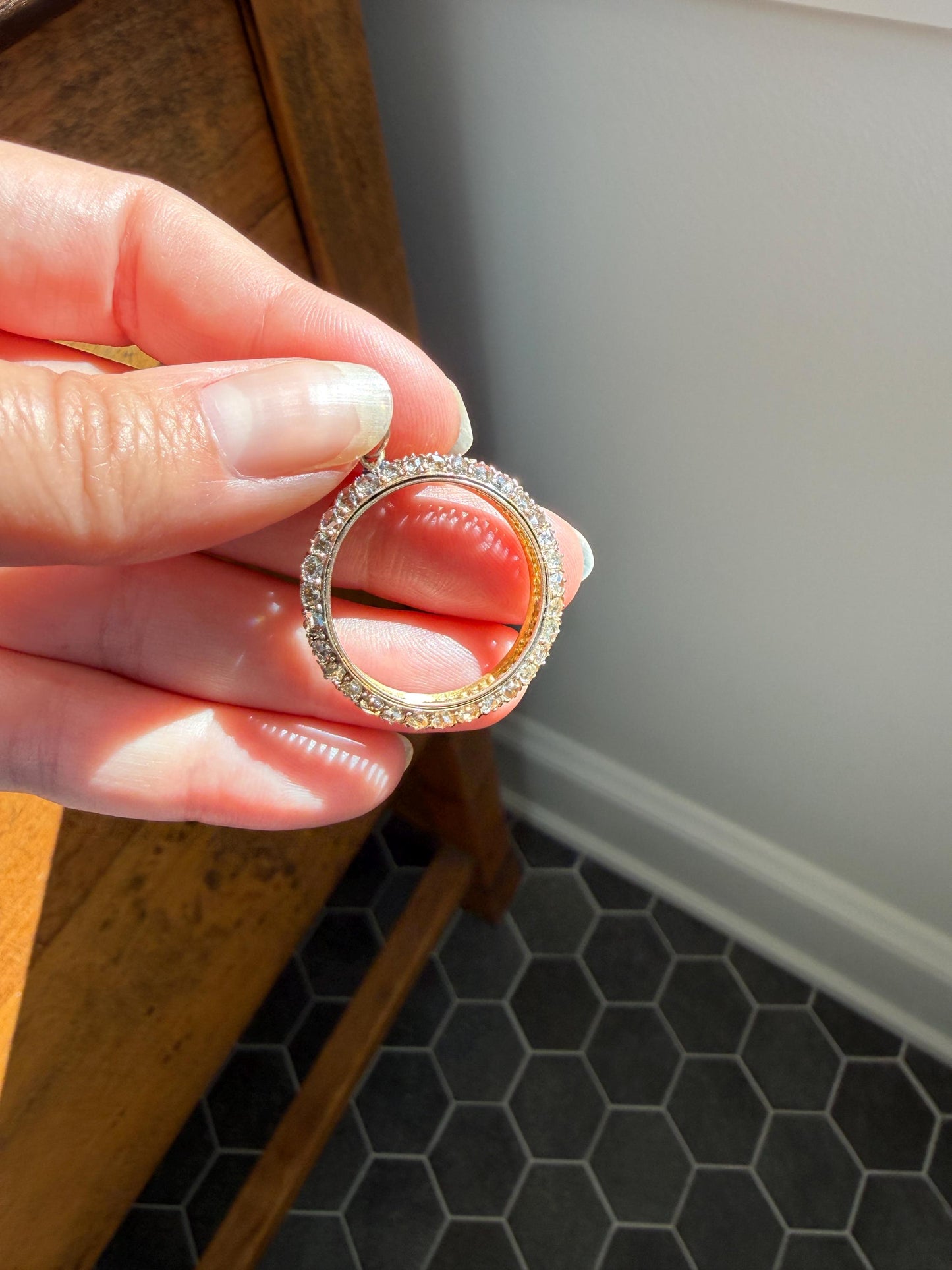 CIRCLE Pendant 32 Rose Cut DIAMOND Encrusted 18k Gold Antique VICTORIAN Figural Halo Frame Round Geometric Old Cut Gift
