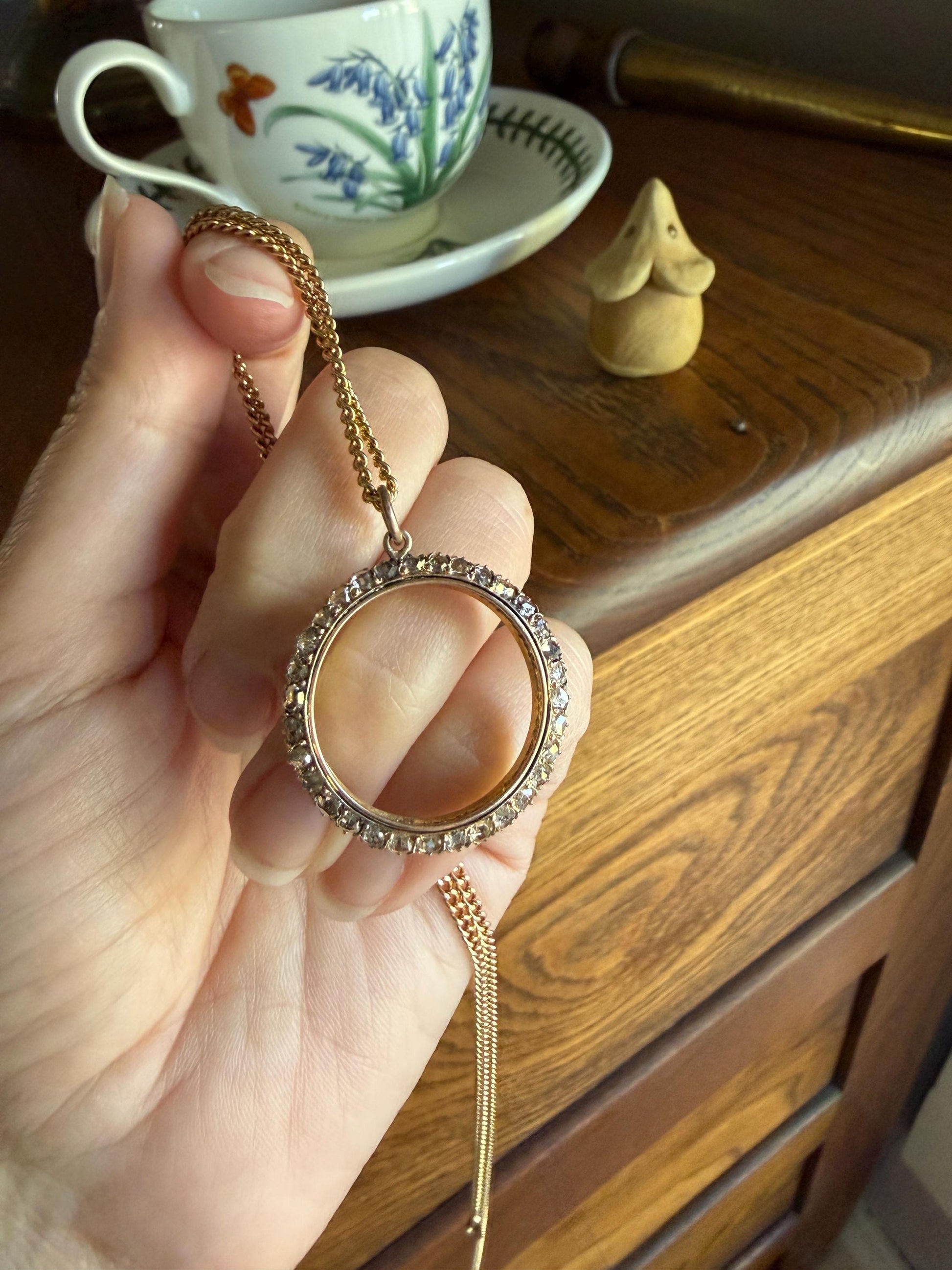 CIRCLE Pendant 32 Rose Cut DIAMOND Encrusted 18k Gold Antique VICTORIAN Figural Halo Frame Round Geometric Old Cut Gift