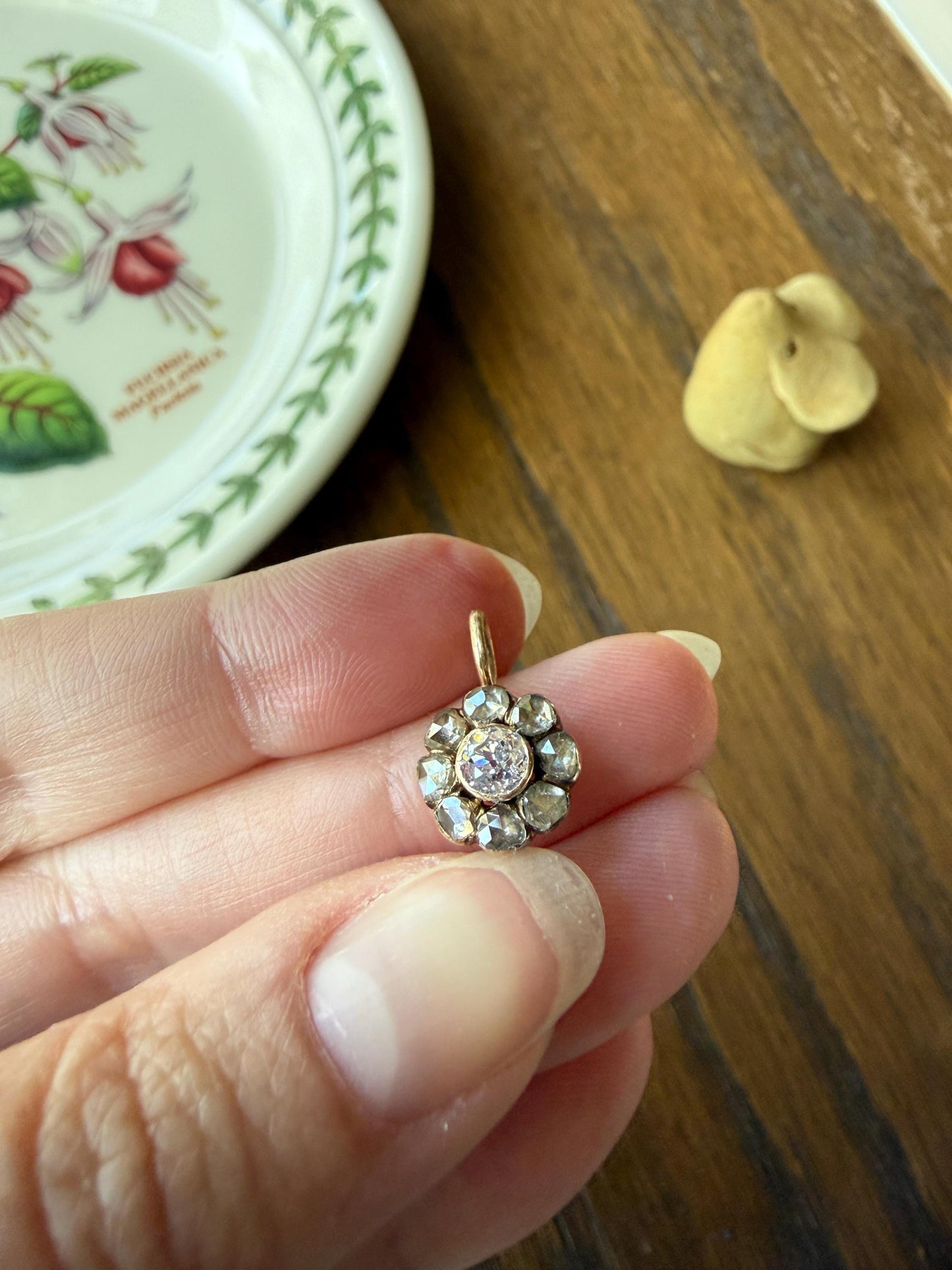 Daisy Cluster Pendant Old Mine Rose Cut DIAMOND Antique Victorian 18k Gold Pendant Faces Up 1.15 Carat Necklace Bracelet Charm Floral