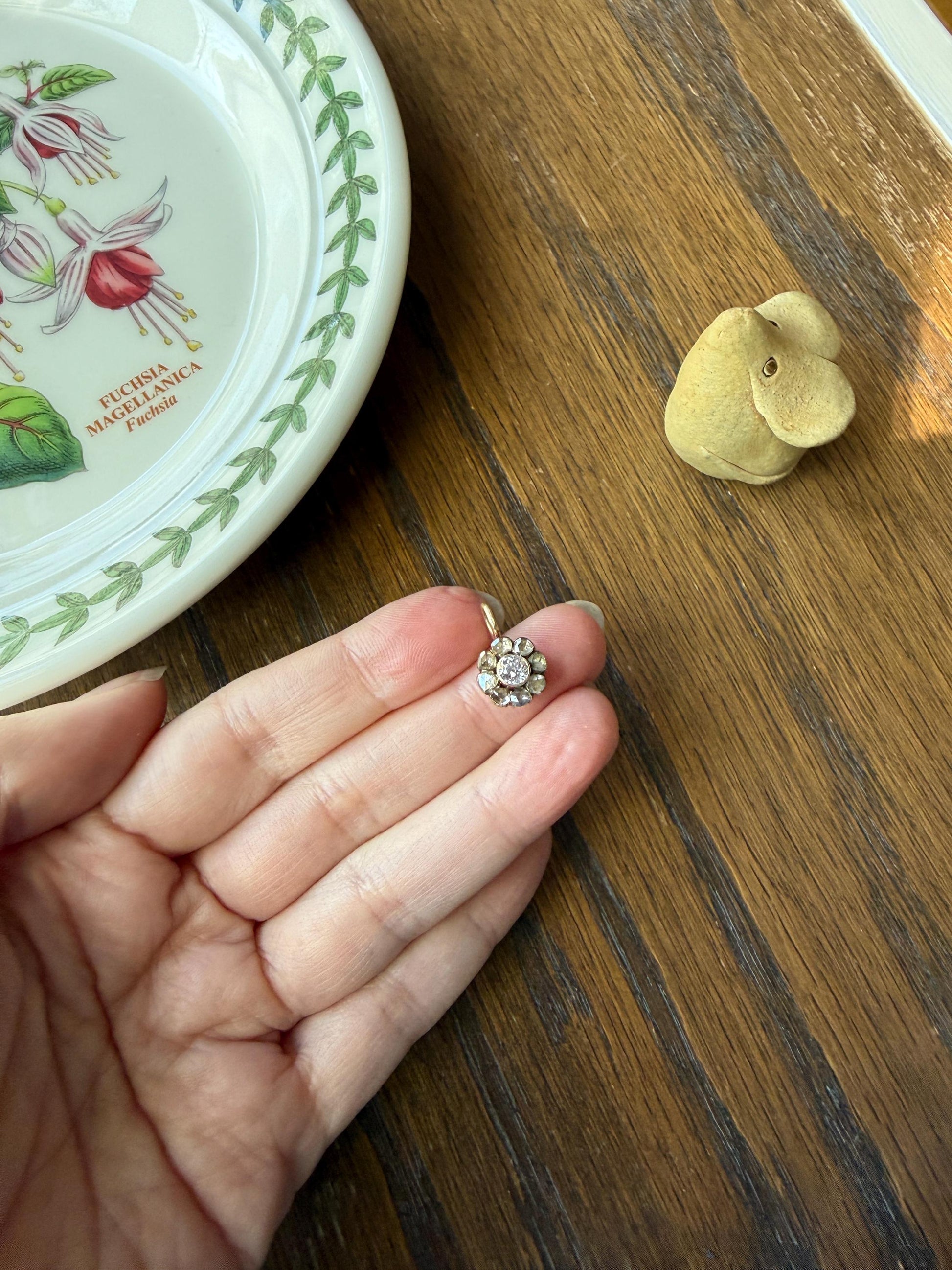 Daisy Cluster Pendant Old Mine Rose Cut DIAMOND Antique Victorian 18k Gold Pendant Faces Up 1.15 Carat Necklace Bracelet Charm Floral