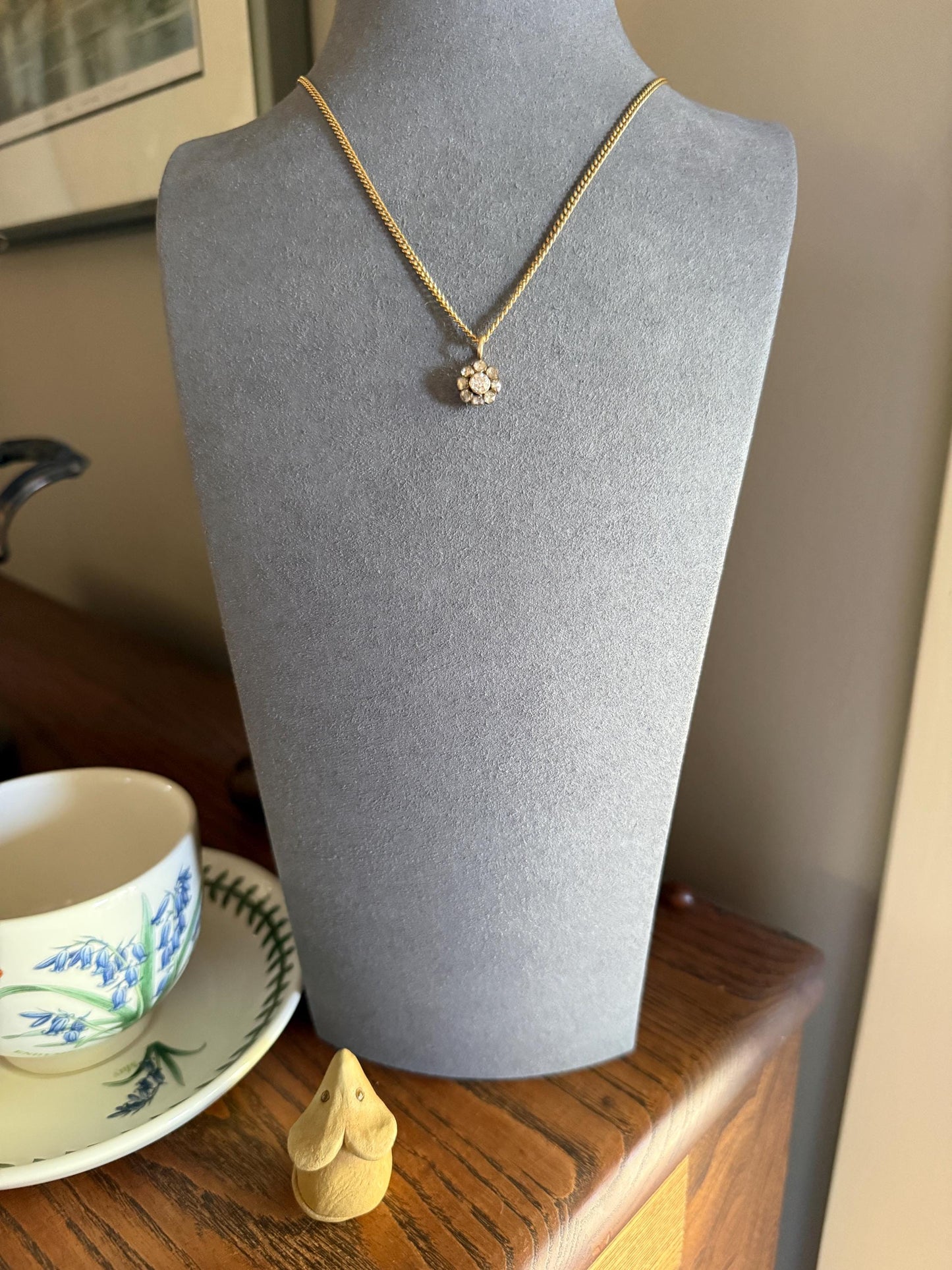 Daisy Cluster Pendant Old Mine Rose Cut DIAMOND Antique Victorian 18k Gold Pendant Faces Up 1.15 Carat Necklace Bracelet Charm Floral
