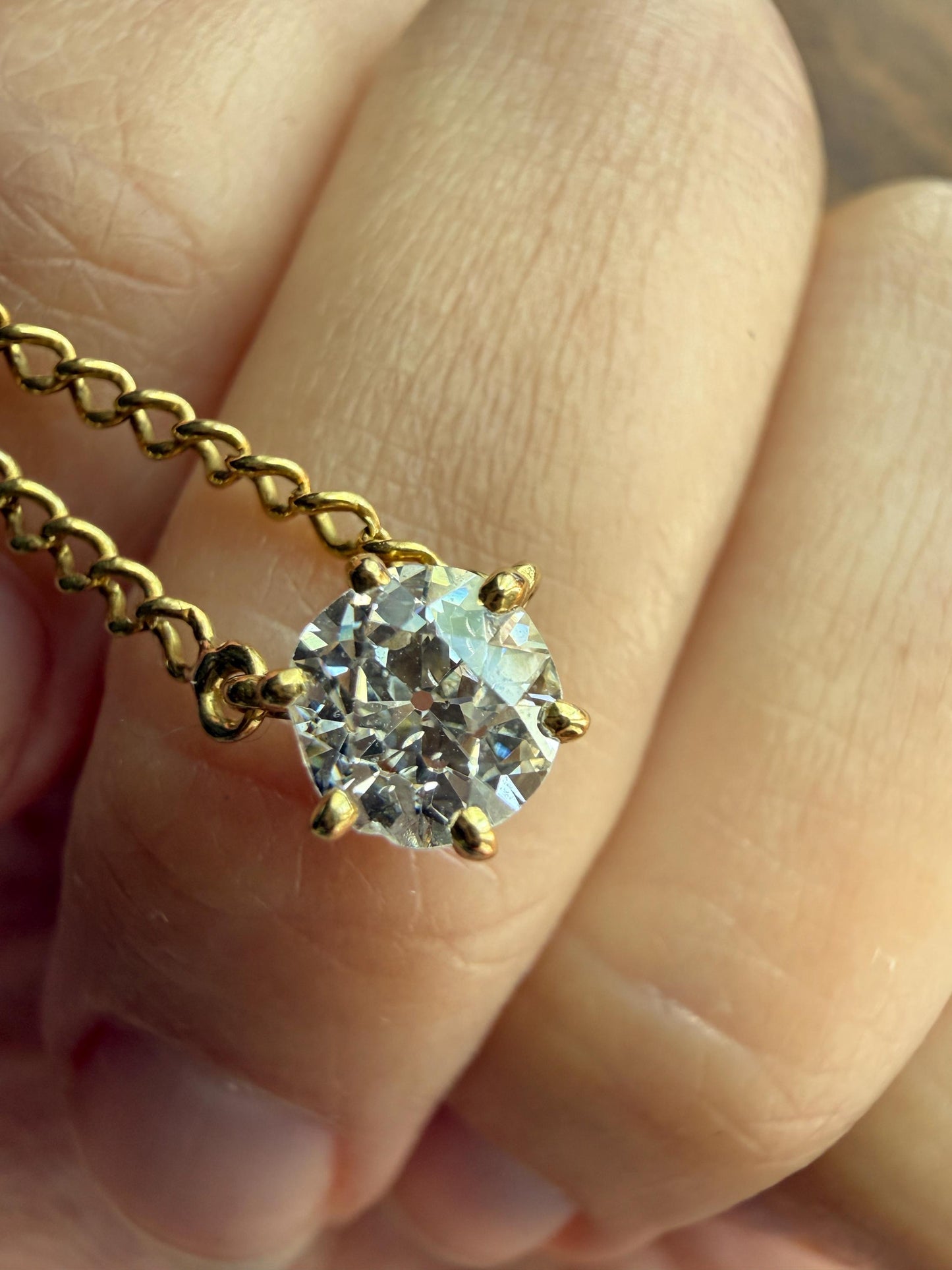Antique Diamond Chain 18k Gold Eye Clean .65 Carat Old Mine Cut Diamond Dangle NECKLACE Fixed Pendant on Chain French OmC Minimalist