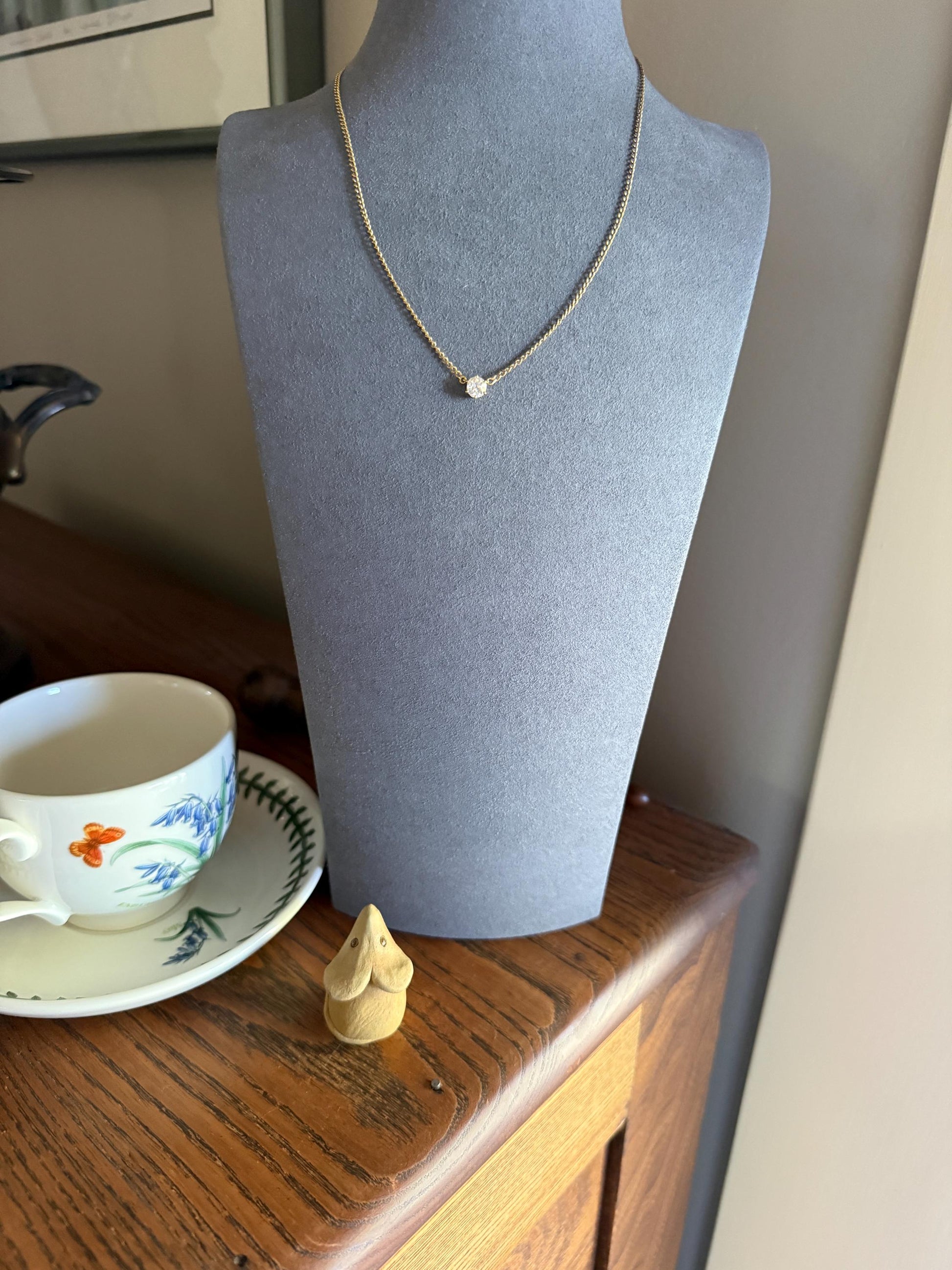 Antique Diamond Chain 18k Gold Eye Clean .65 Carat Old Mine Cut Diamond Dangle NECKLACE Fixed Pendant on Chain French OmC Minimalist