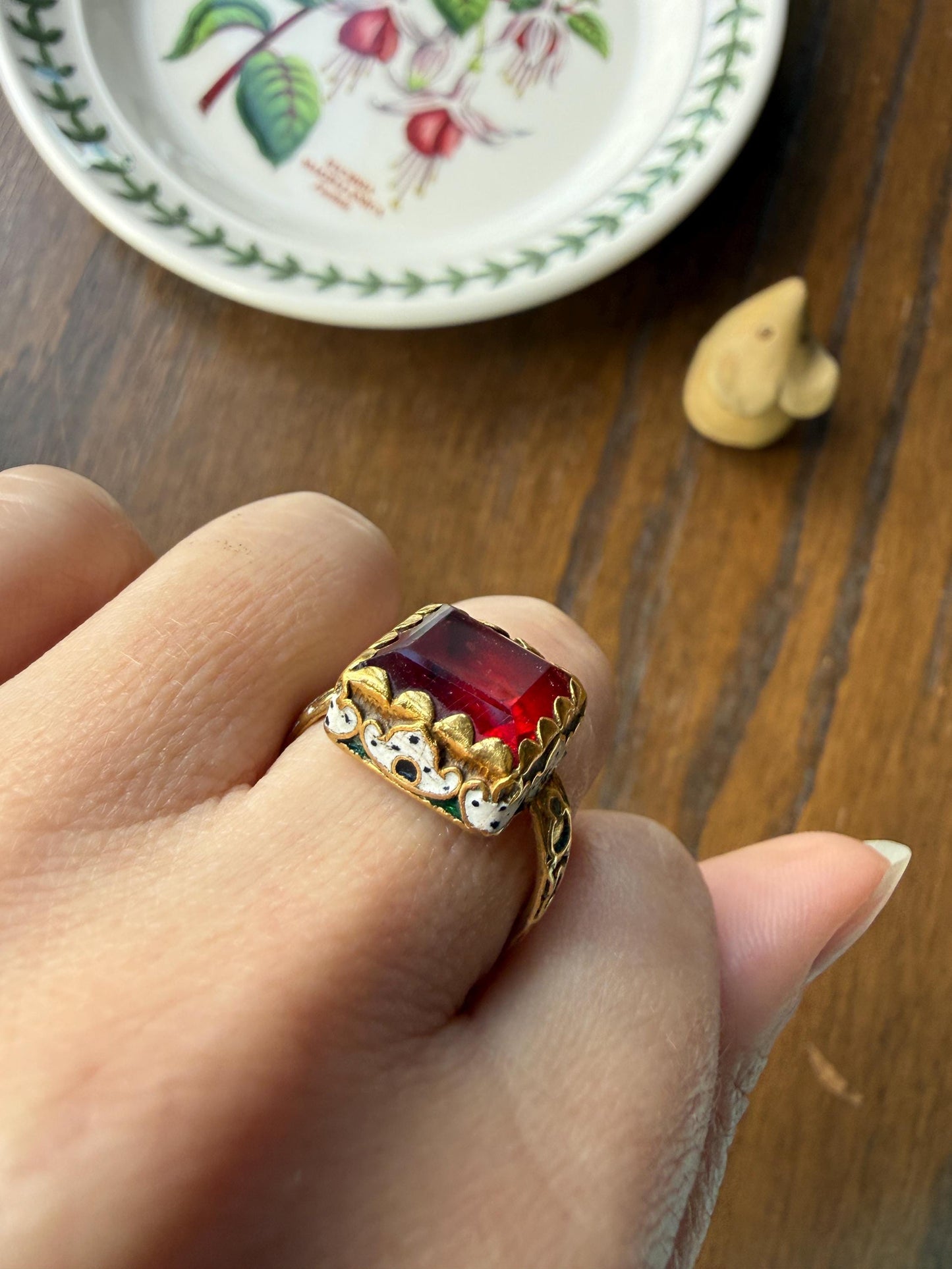 Rare Antique Pyramid Ring Enamel Vibrant Table Cut Red Paste Glass Faux Ruby 18 Gold French Bague Tombeau? Pie Crust Bezel Green Ring Butt
