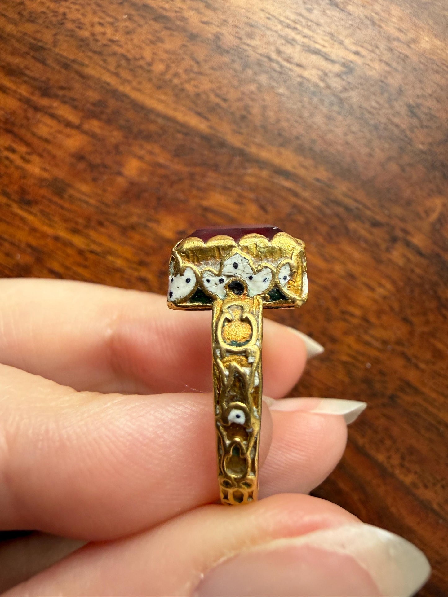 Rare Antique Pyramid Ring Enamel Vibrant Table Cut Red Paste Glass Faux Ruby 18 Gold French Bague Tombeau? Pie Crust Bezel Green Ring Butt