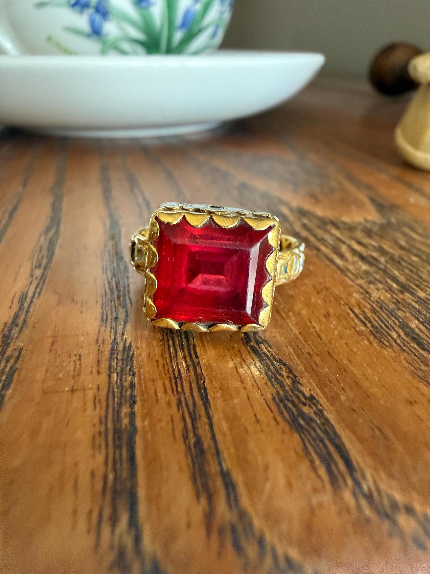 Rare Antique Pyramid Ring Enamel Vibrant Table Cut Red Paste Glass Faux Ruby 18 Gold French Bague Tombeau? Pie Crust Bezel Green Ring Butt