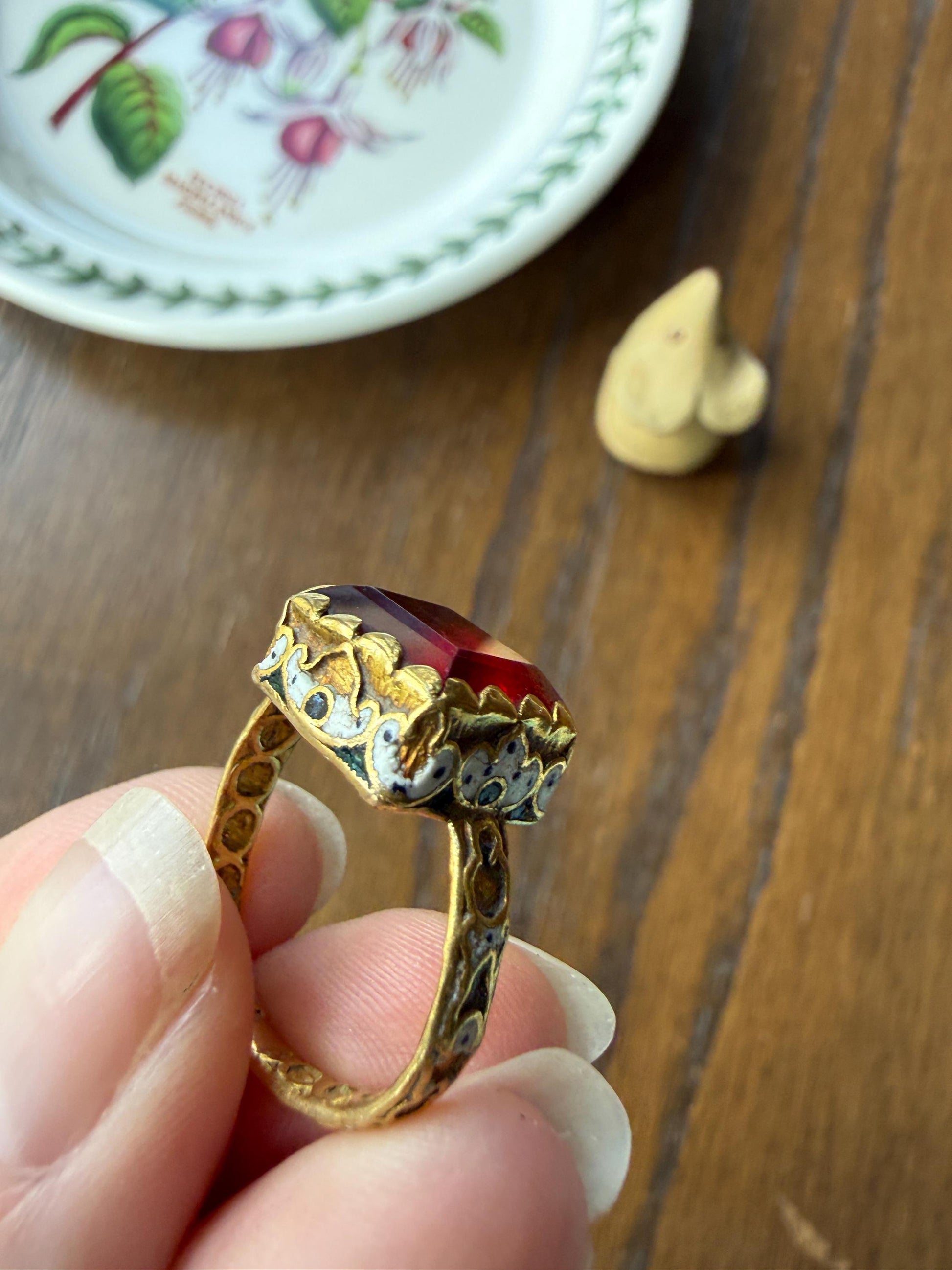 Rare Antique Pyramid Ring Enamel Vibrant Table Cut Red Paste Glass Faux Ruby 18 Gold French Bague Tombeau? Pie Crust Bezel Green Ring Butt