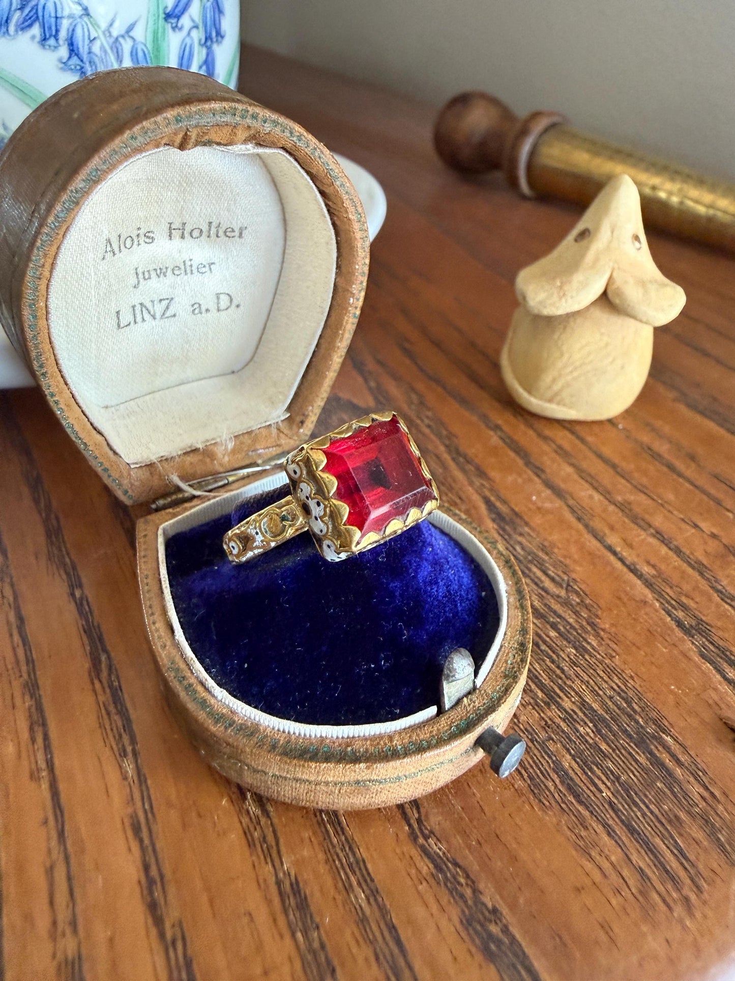 Rare Antique Pyramid Ring Enamel Vibrant Table Cut Red Paste Glass Faux Ruby 18 Gold French Bague Tombeau? Pie Crust Bezel Green Ring Butt