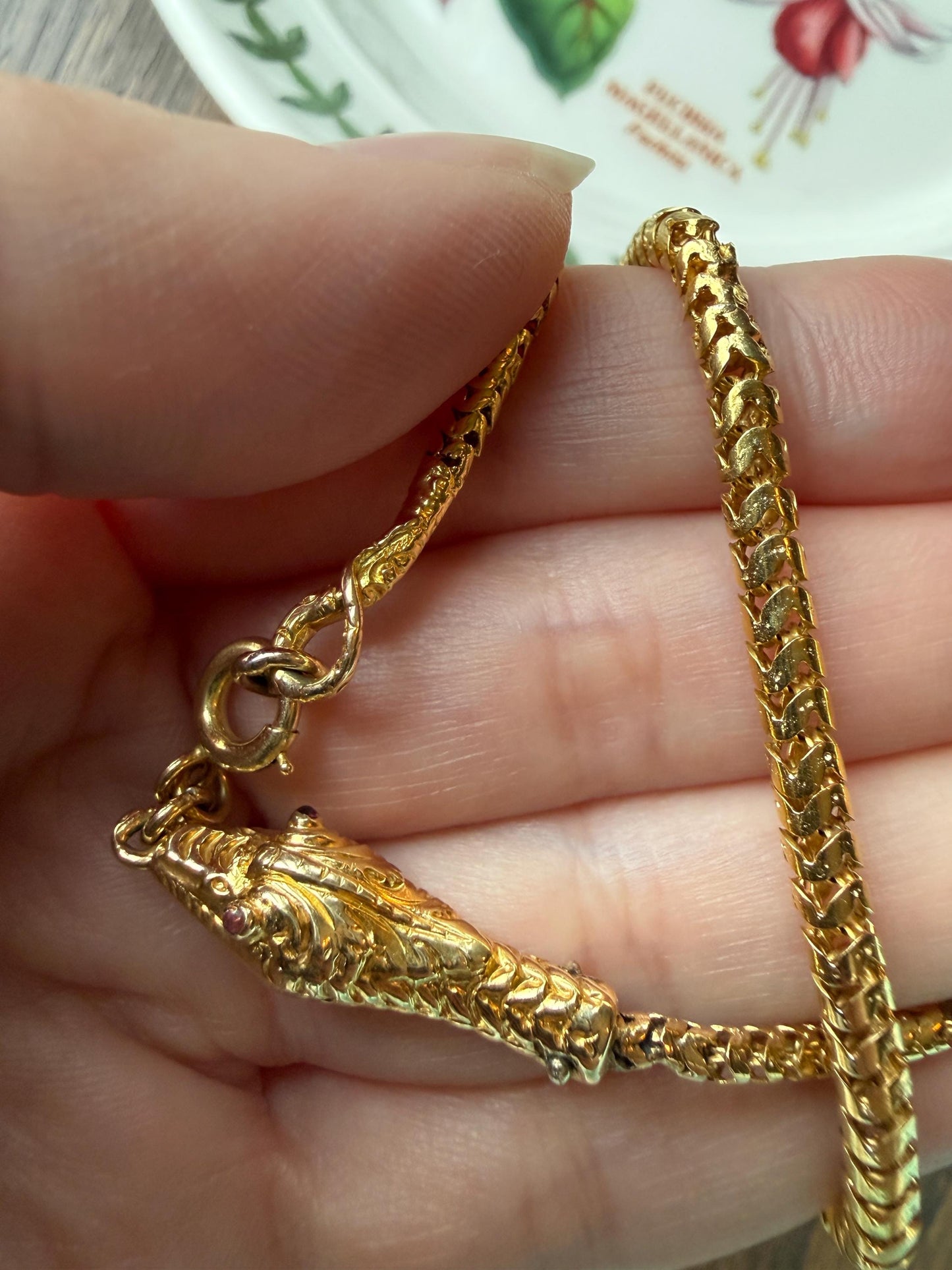 Antique SNAKE Head and Coiled Tail Reticulated Scales Chain 20g 18k Gold Solid Victorian Figural Heavy Necklace