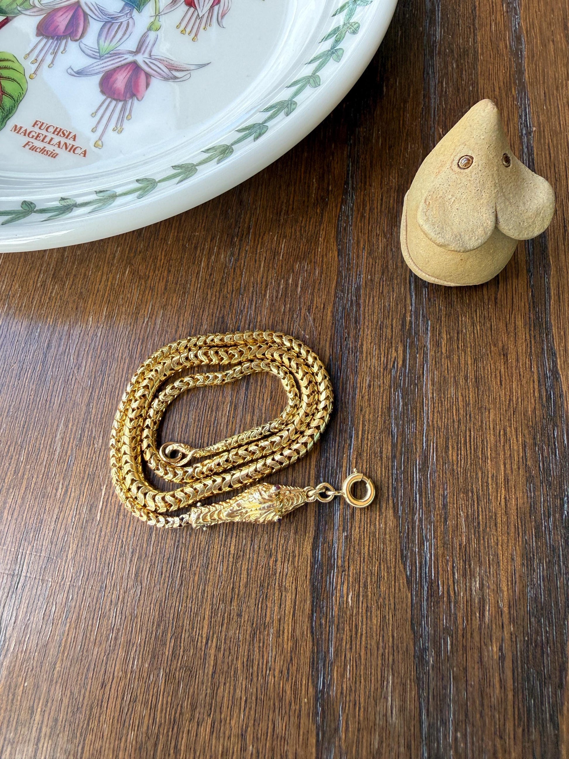 Antique SNAKE Head and Coiled Tail Reticulated Scales Chain 20g 18k Gold Solid Victorian Figural Heavy Necklace