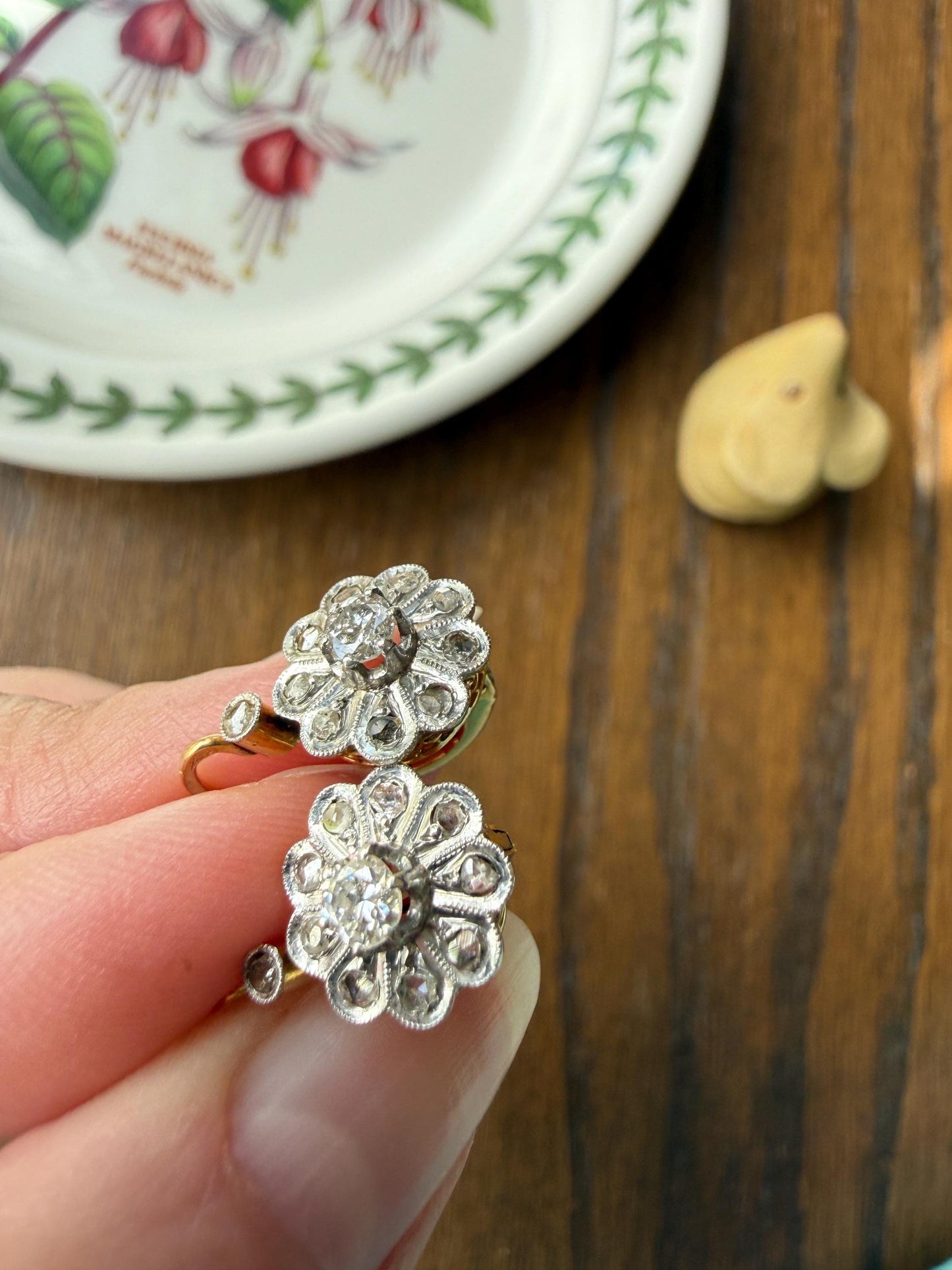 Victorian ANTIQUE Old Mine Rose Cut Diamond Daisy Cluster Dormeuse Earrings French 18k Gold Solid Floral Petals Dangle Belle Epoque