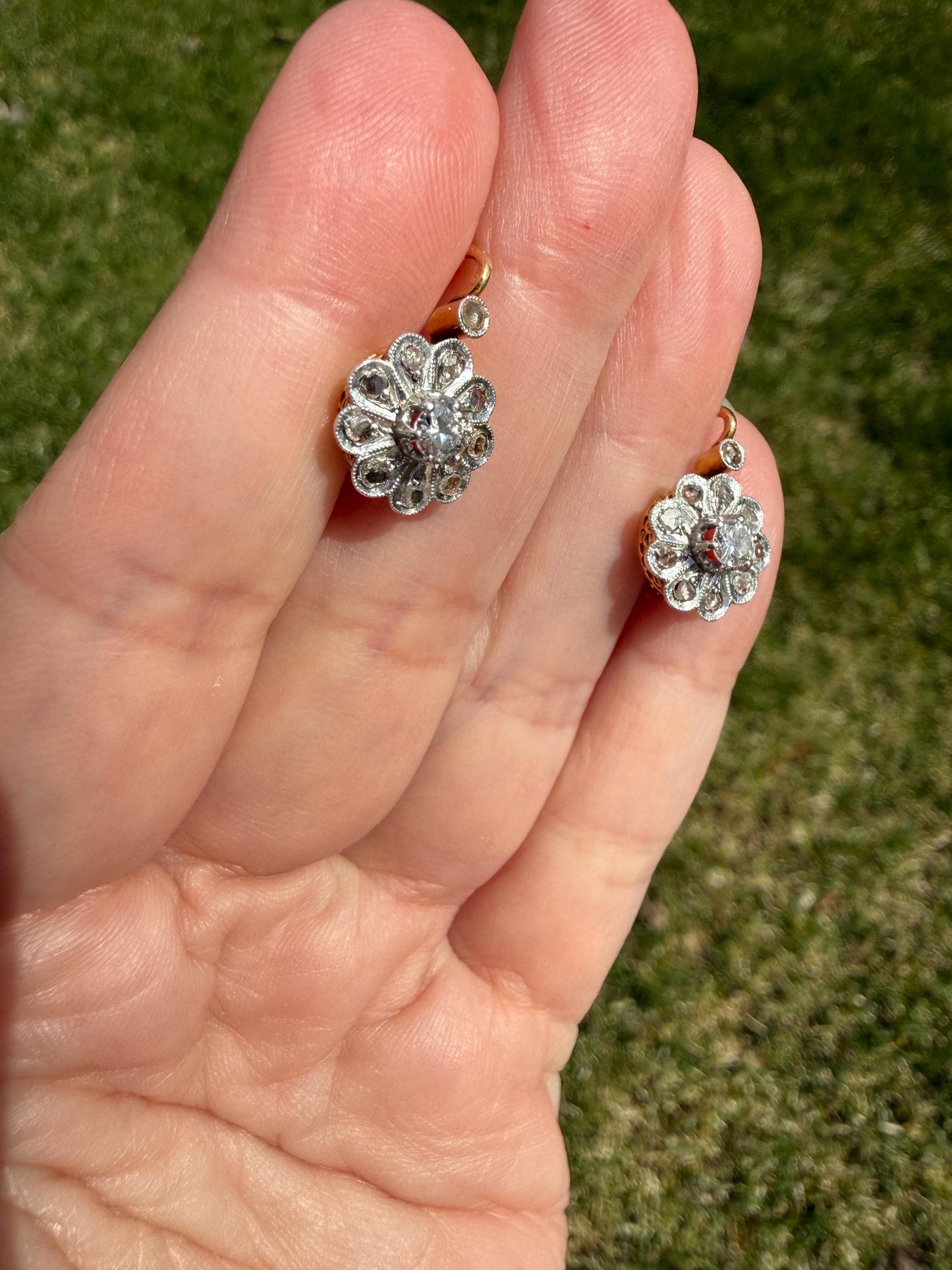 Victorian ANTIQUE Old Mine Rose Cut Diamond Daisy Cluster Dormeuse Earrings French 18k Gold Solid Floral Petals Dangle Belle Epoque
