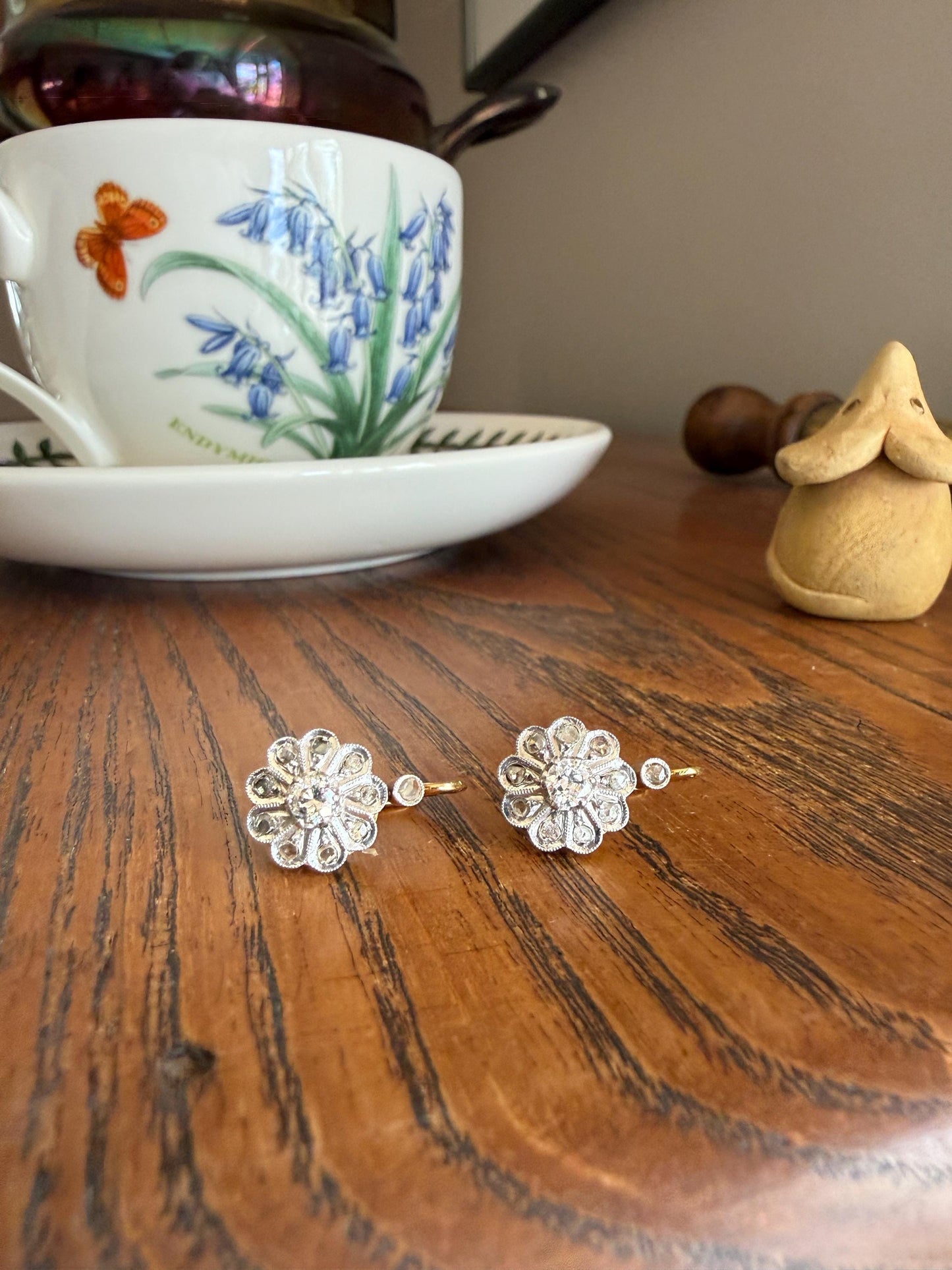 Victorian ANTIQUE Old Mine Rose Cut Diamond Daisy Cluster Dormeuse Earrings French 18k Gold Solid Floral Petals Dangle Belle Epoque