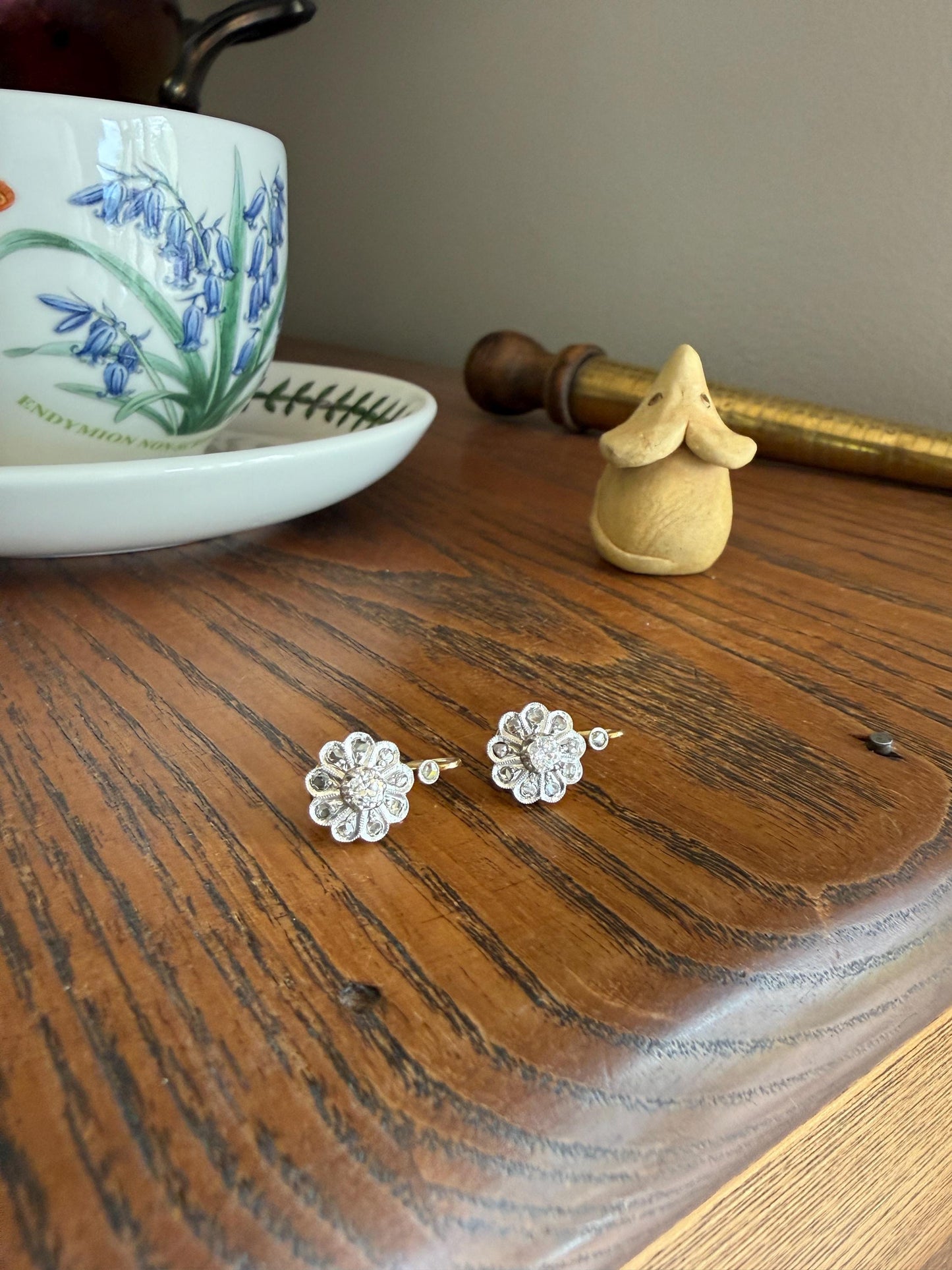 Victorian ANTIQUE Old Mine Rose Cut Diamond Daisy Cluster Dormeuse Earrings French 18k Gold Solid Floral Petals Dangle Belle Epoque