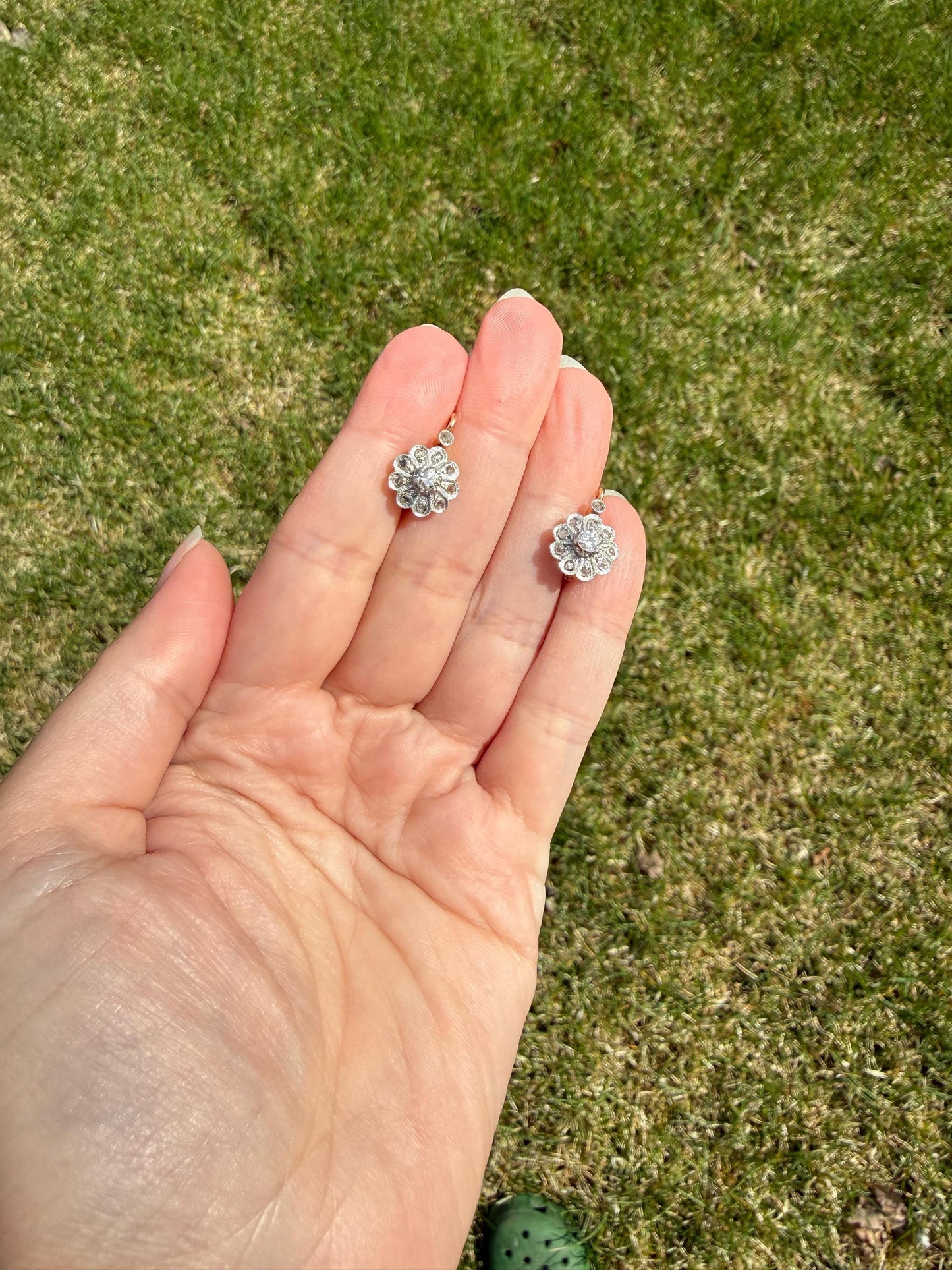 Victorian ANTIQUE Old Mine Rose Cut Diamond Daisy Cluster Dormeuse Earrings French 18k Gold Solid Floral Petals Dangle Belle Epoque