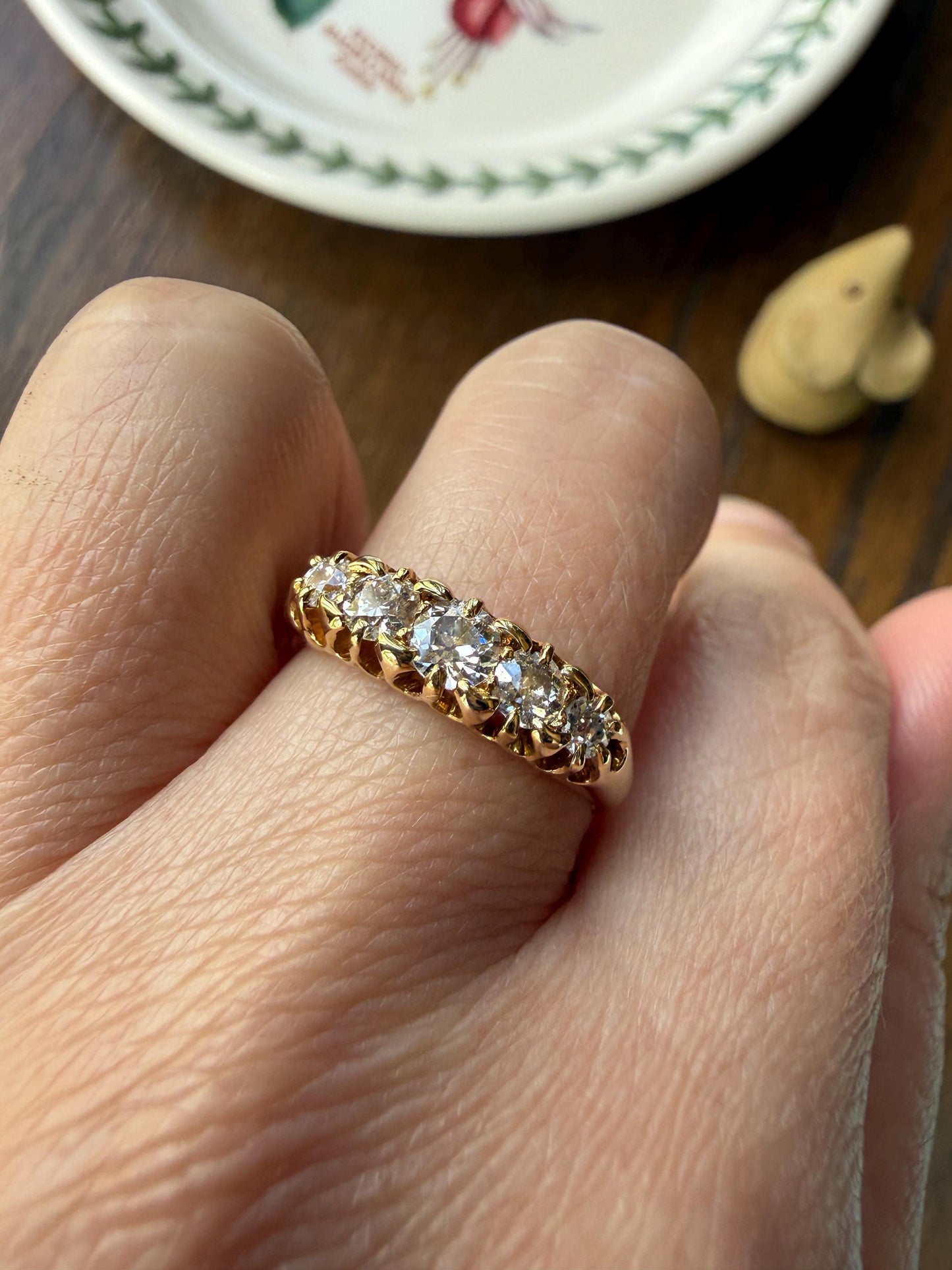 Victorian Antique .7 Carat Old Mine Cut Diamond Five Stone Ring Sturdy 18k GOLD Stacker Band OMC Daily Wearer