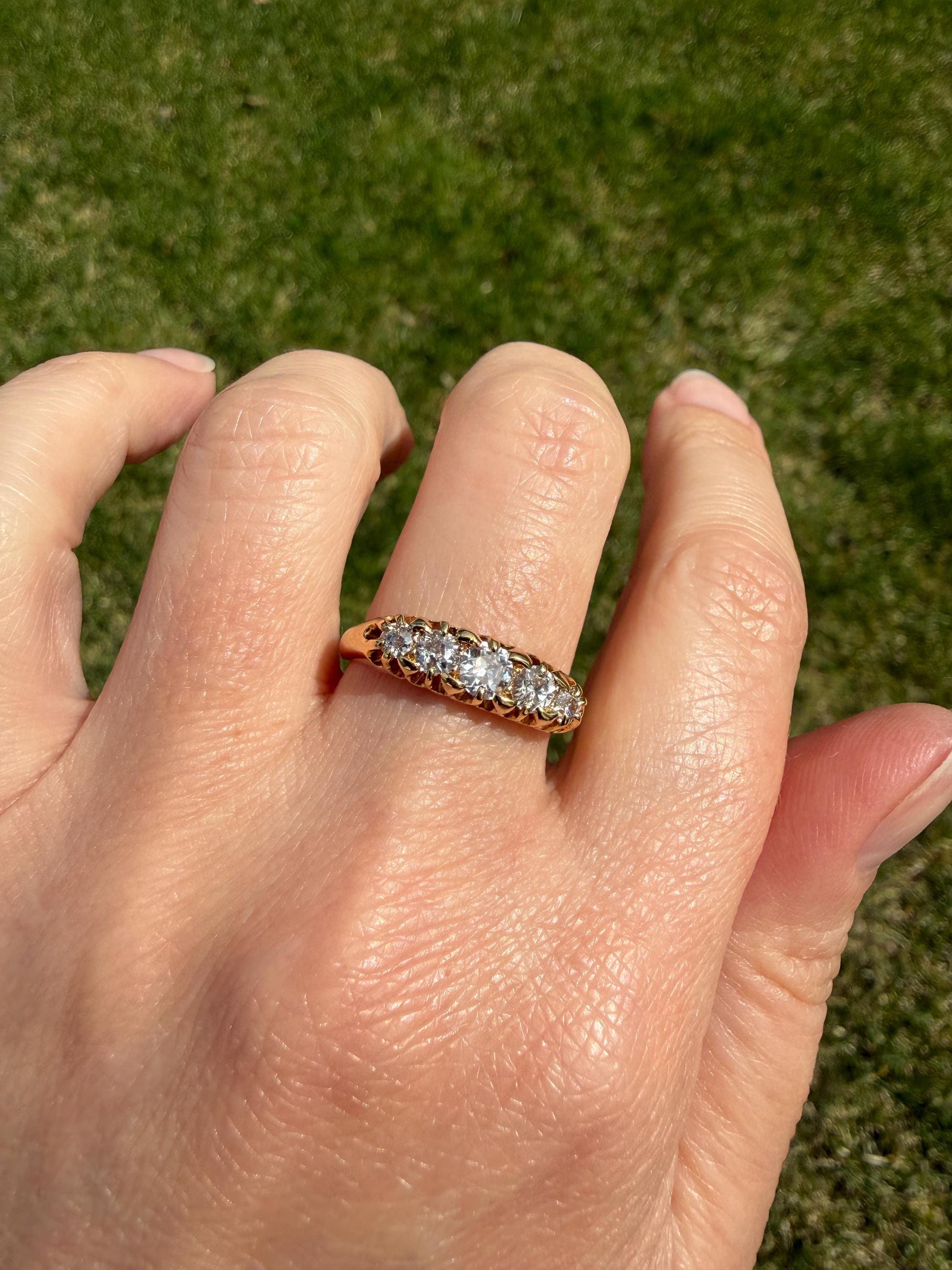 Victorian Antique .7 Carat Old Mine Cut Diamond Five Stone Ring Sturdy 18k GOLD Stacker Band OMC Daily Wearer