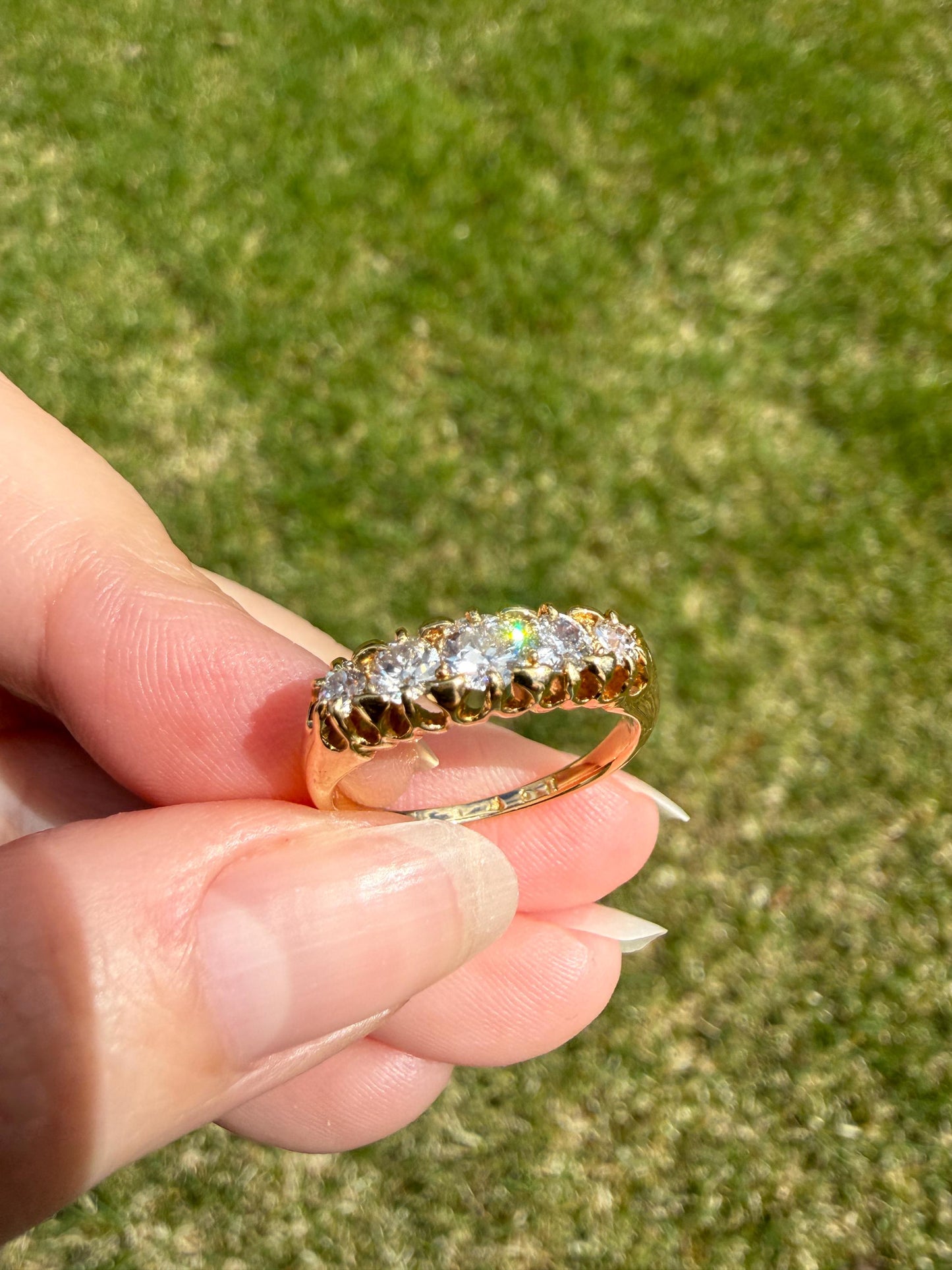 Victorian Antique .7 Carat Old Mine Cut Diamond Five Stone Ring Sturdy 18k GOLD Stacker Band OMC Daily Wearer