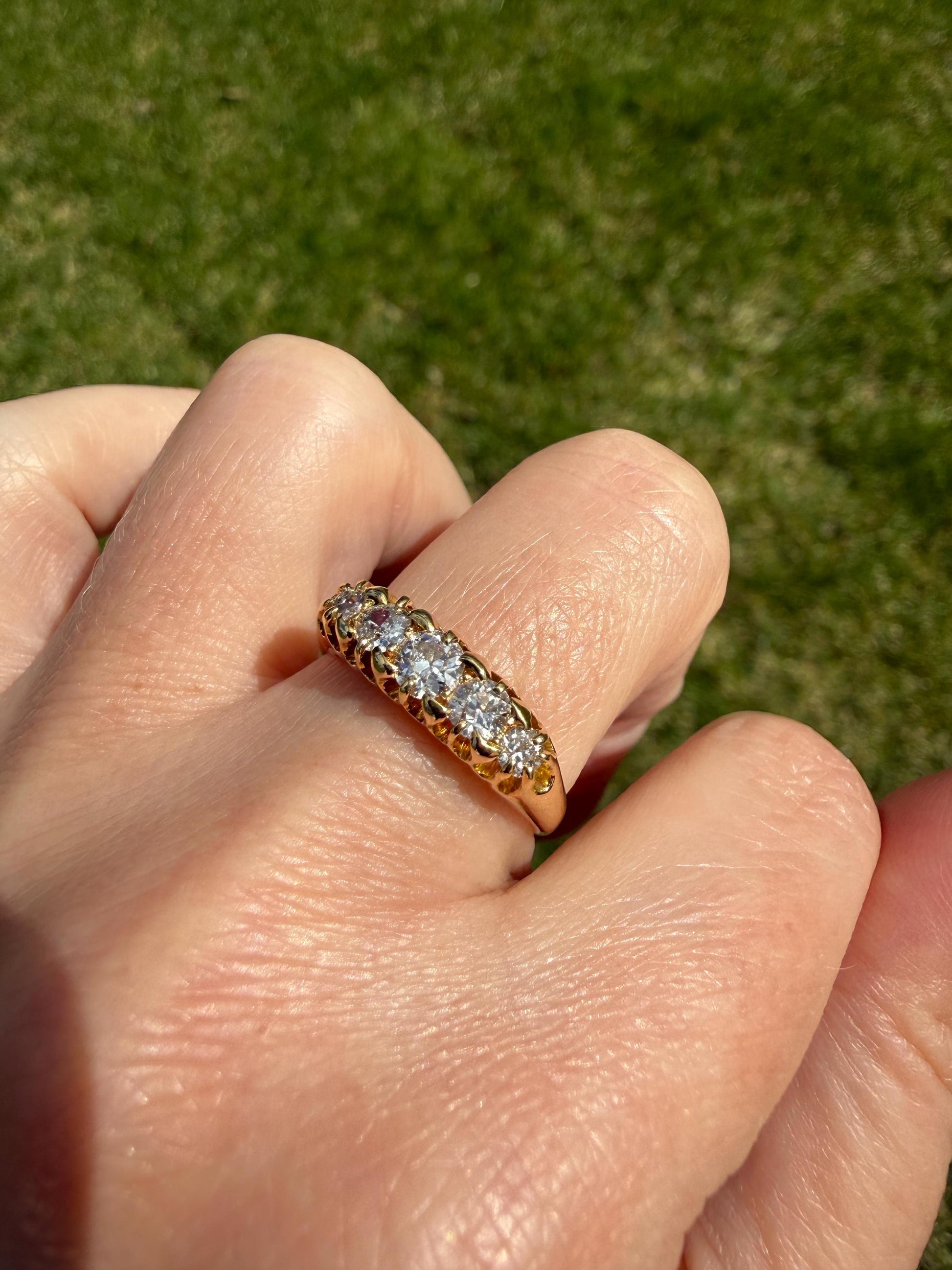Victorian Antique .7 Carat Old Mine Cut Diamond Five Stone Ring Sturdy 18k GOLD Stacker Band OMC Daily Wearer