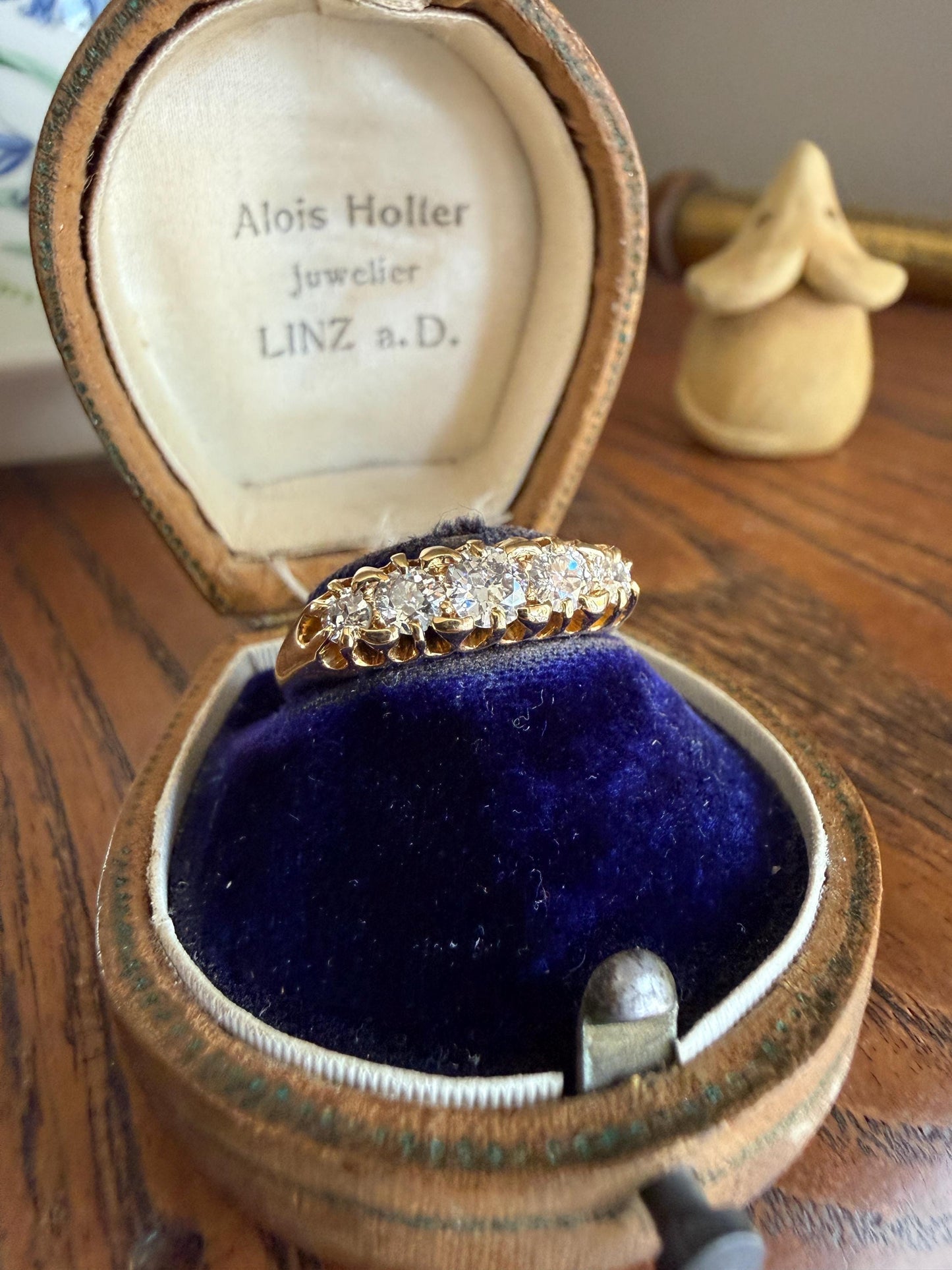 Victorian Antique .7 Carat Old Mine Cut Diamond Five Stone Ring Sturdy 18k GOLD Stacker Band OMC Daily Wearer