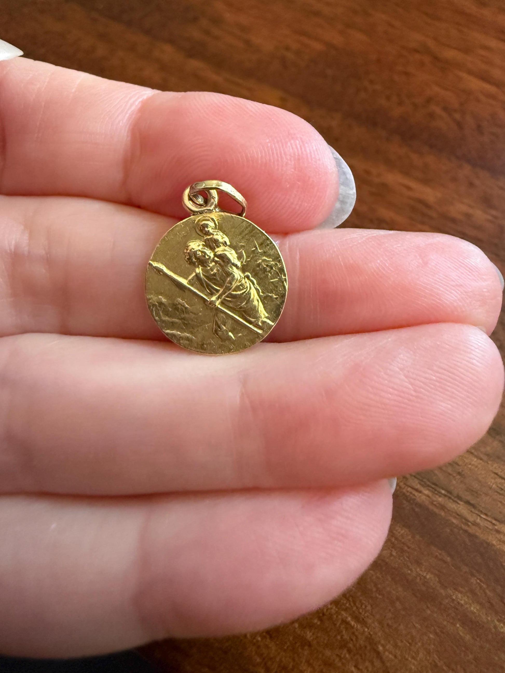 St. Christopher "Look at Saint Christopher, Then Go Forth Reassured" French Antique Pendant Religious Medal 18k Gold Solid Medallion Amulet
