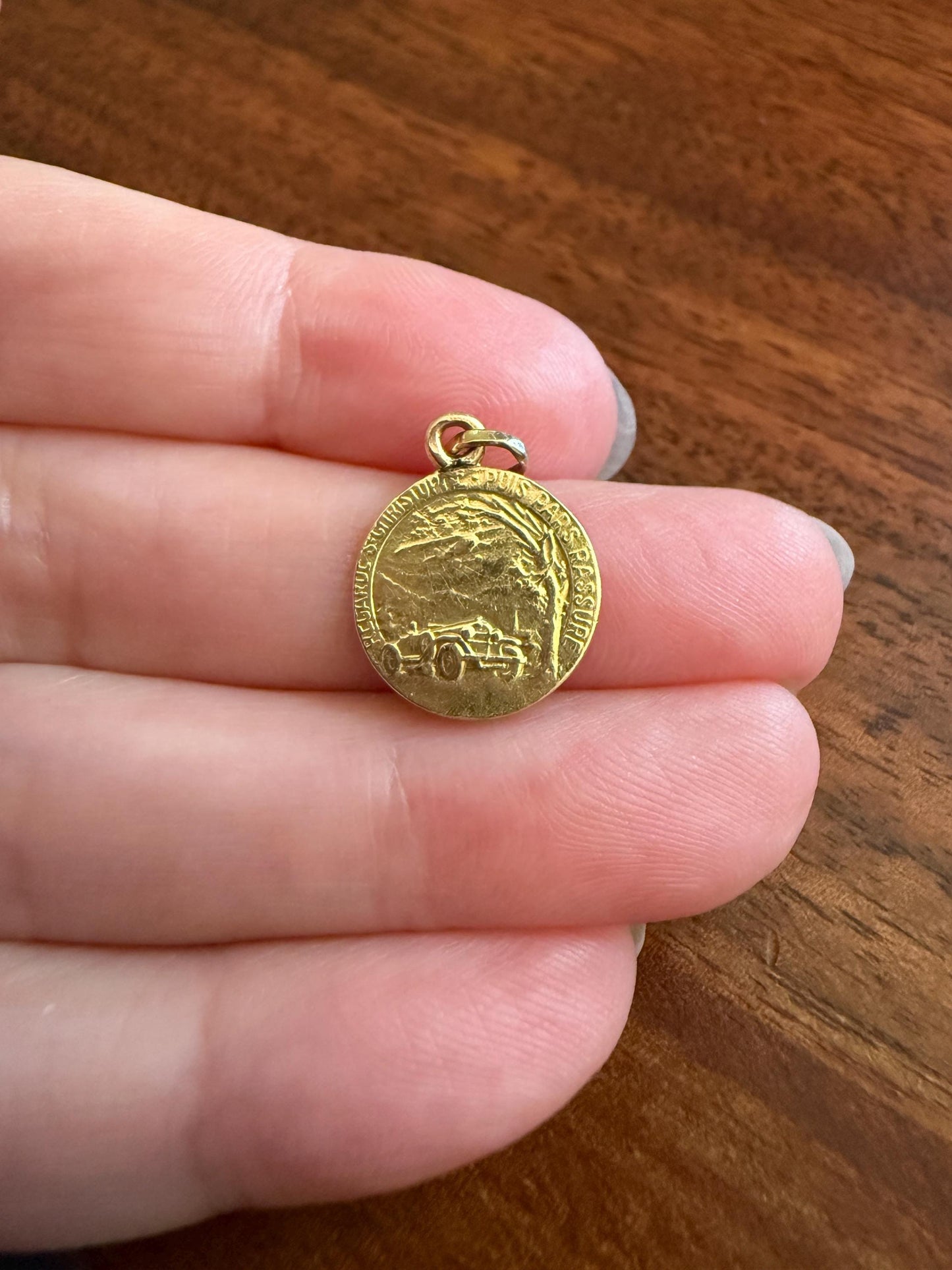 St. Christopher "Look at Saint Christopher, Then Go Forth Reassured" French Antique Pendant Religious Medal 18k Gold Solid Medallion Amulet