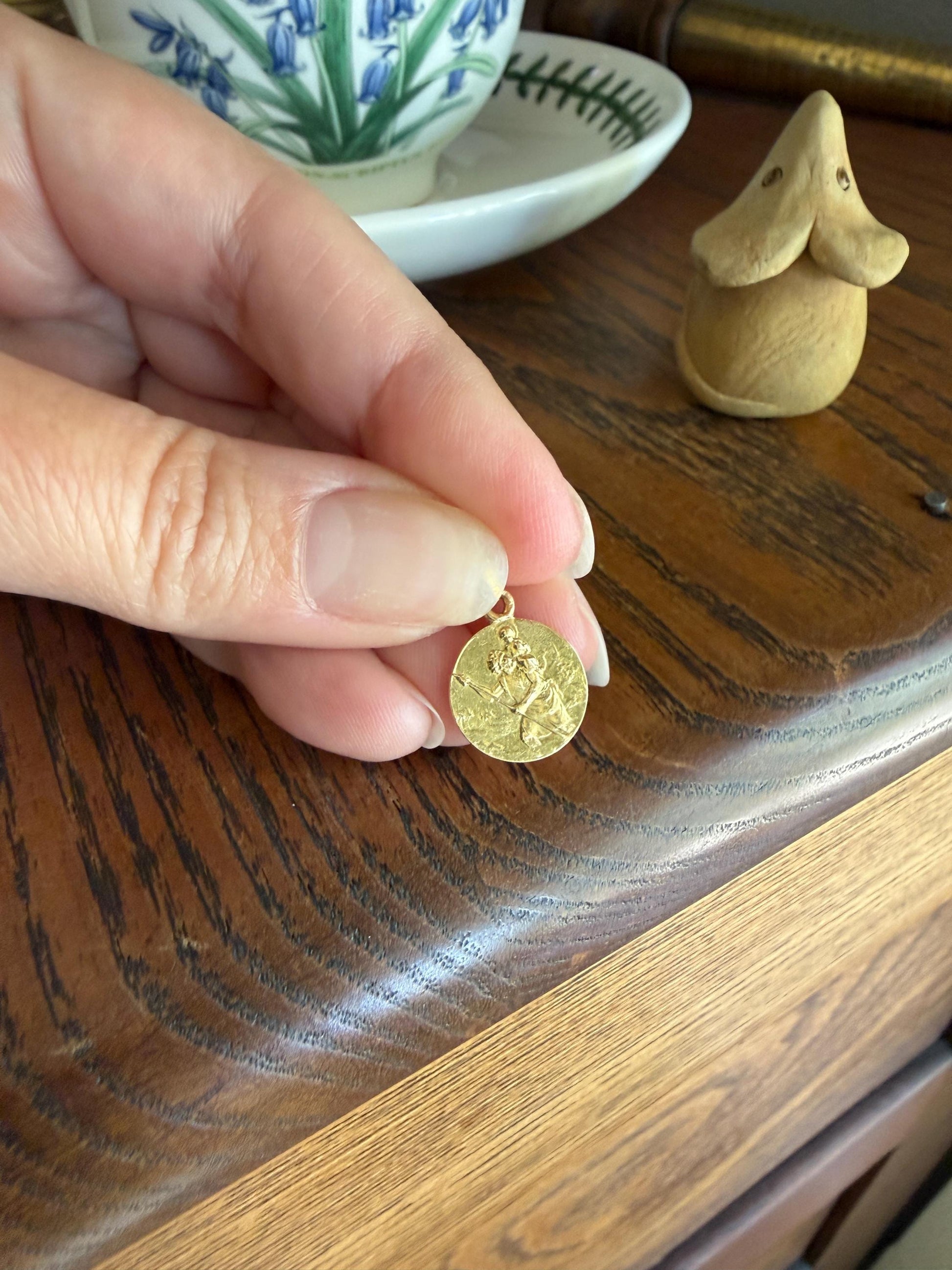 St. Christopher "Look at Saint Christopher, Then Go Forth Reassured" French Antique Pendant Religious Medal 18k Gold Solid Medallion Amulet
