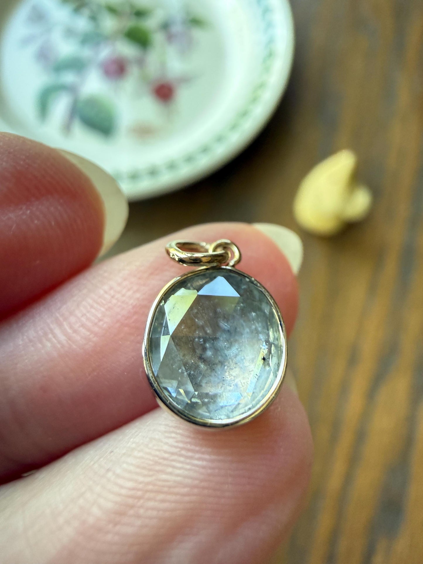 Antique Natural 9x8mm Rose Cut DIAMOND Faces up at 2 Carats Domed Back Pendant Platinum Bezel Set Rare Dangle Drop Bracelet Necklace Charm