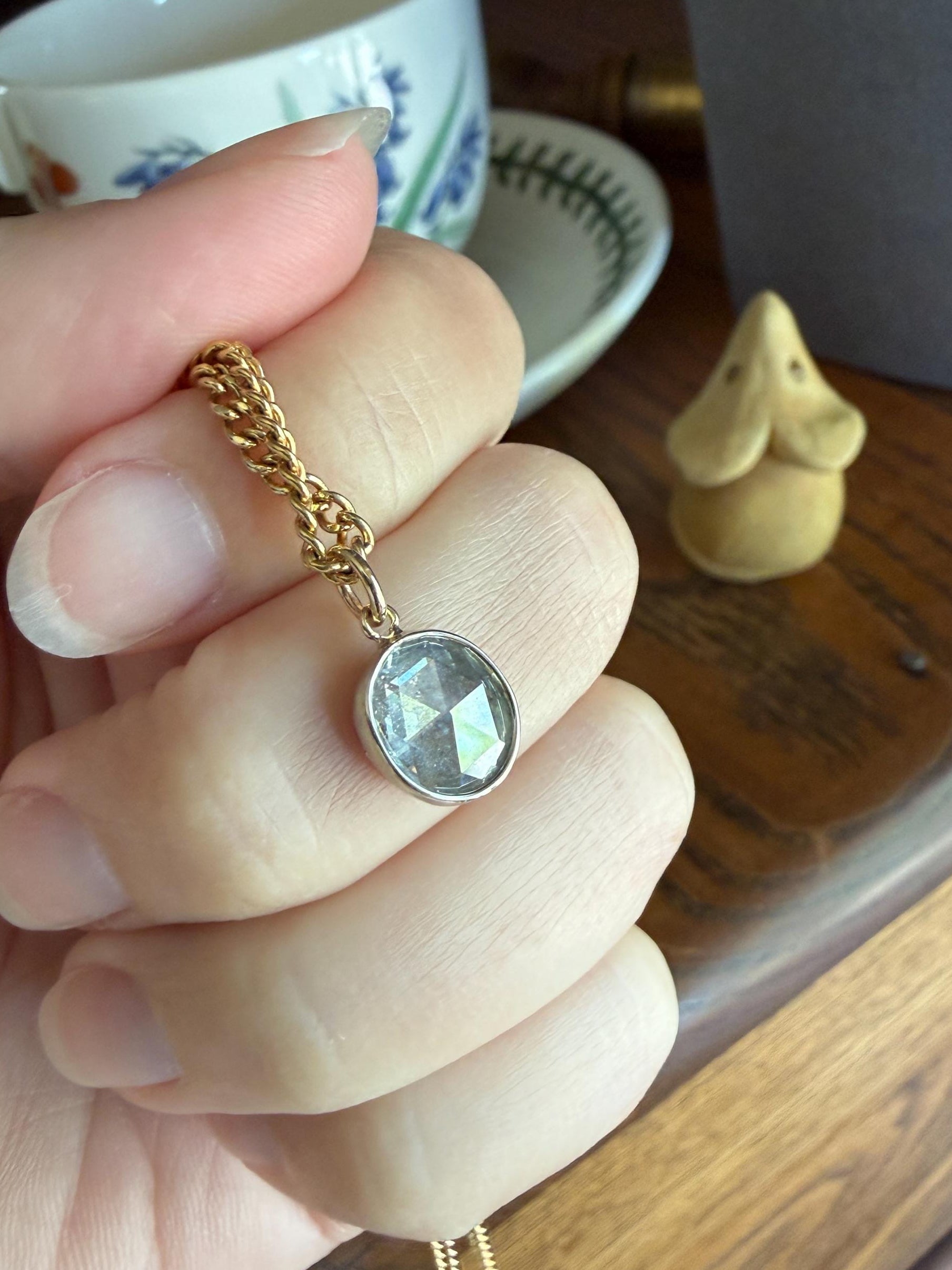 Antique Natural 9x8mm Rose Cut DIAMOND Faces up at 2 Carats Domed Back Pendant Platinum Bezel Set Rare Dangle Drop Bracelet Necklace Charm