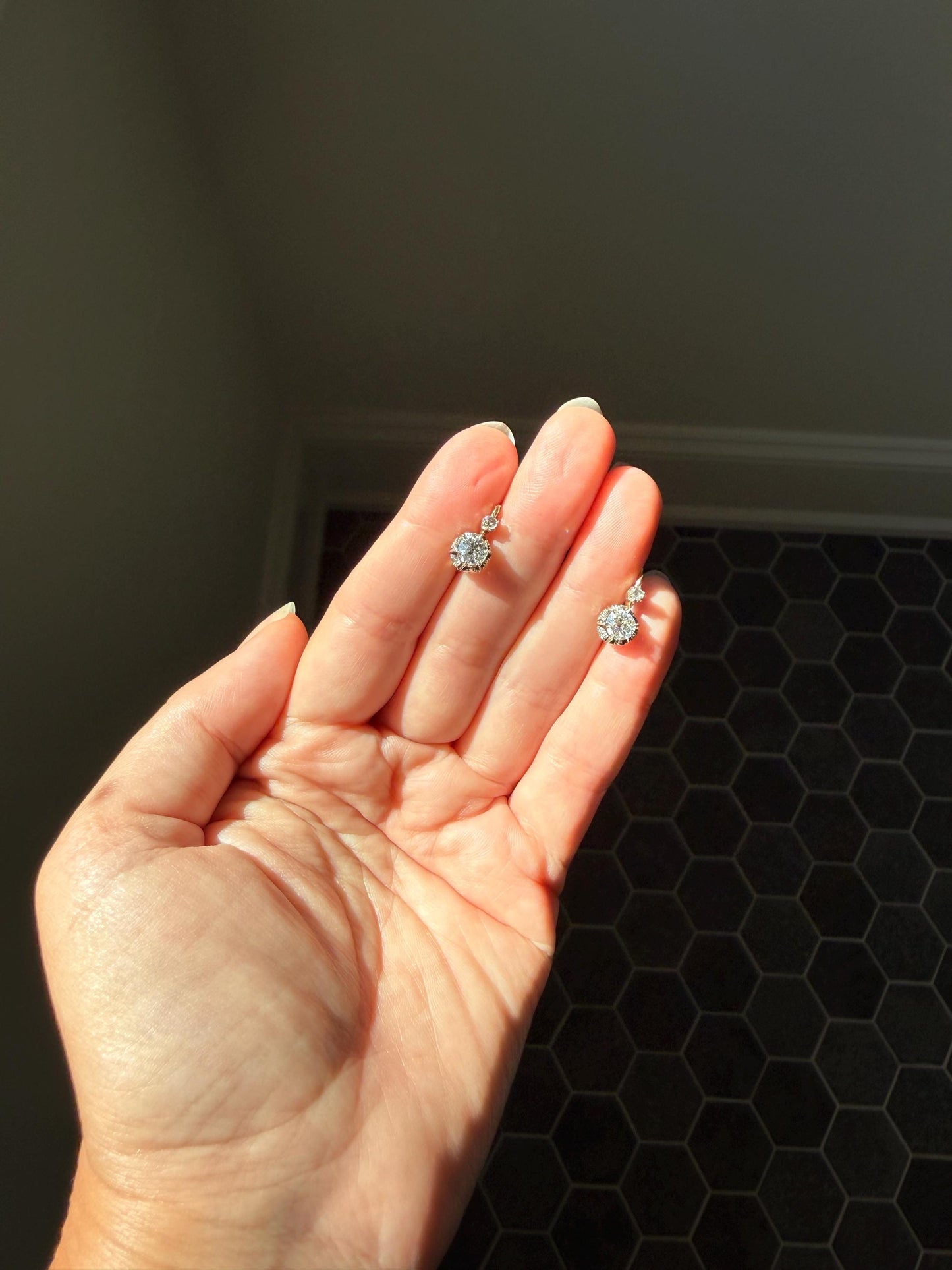 FRENCH Antique Eye Clean 1.25 Carat Tdw Old Mine Cut DIAMOND Natural Fleur de Lis Crown Earrings 18k Gold Platinum Victorian Dangle Dormeuse