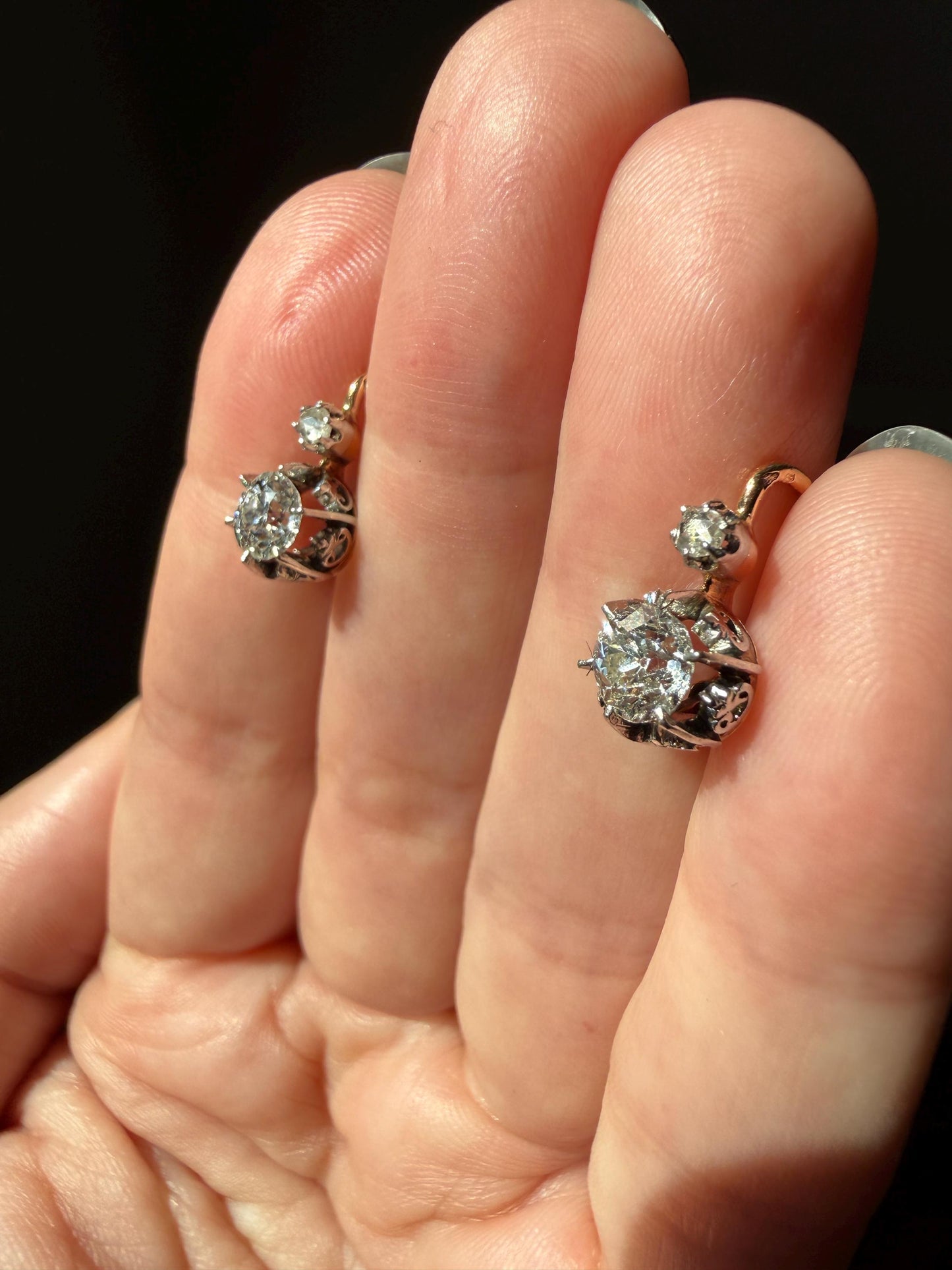 FRENCH Antique Eye Clean 1.25 Carat Tdw Old Mine Cut DIAMOND Natural Fleur de Lis Crown Earrings 18k Gold Platinum Victorian Dangle Dormeuse