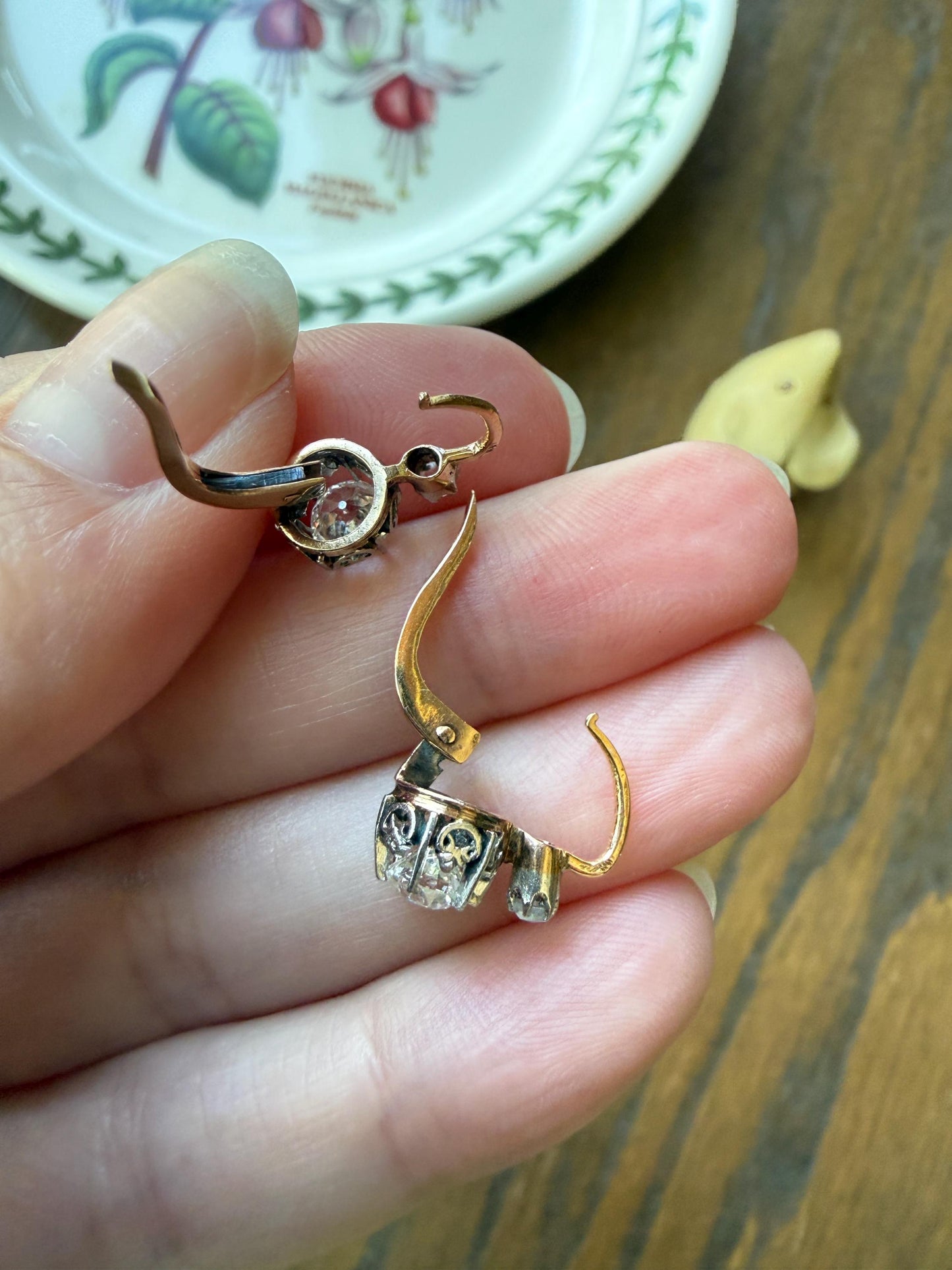 FRENCH Antique Eye Clean 1.25 Carat Tdw Old Mine Cut DIAMOND Natural Fleur de Lis Crown Earrings 18k Gold Platinum Victorian Dangle Dormeuse