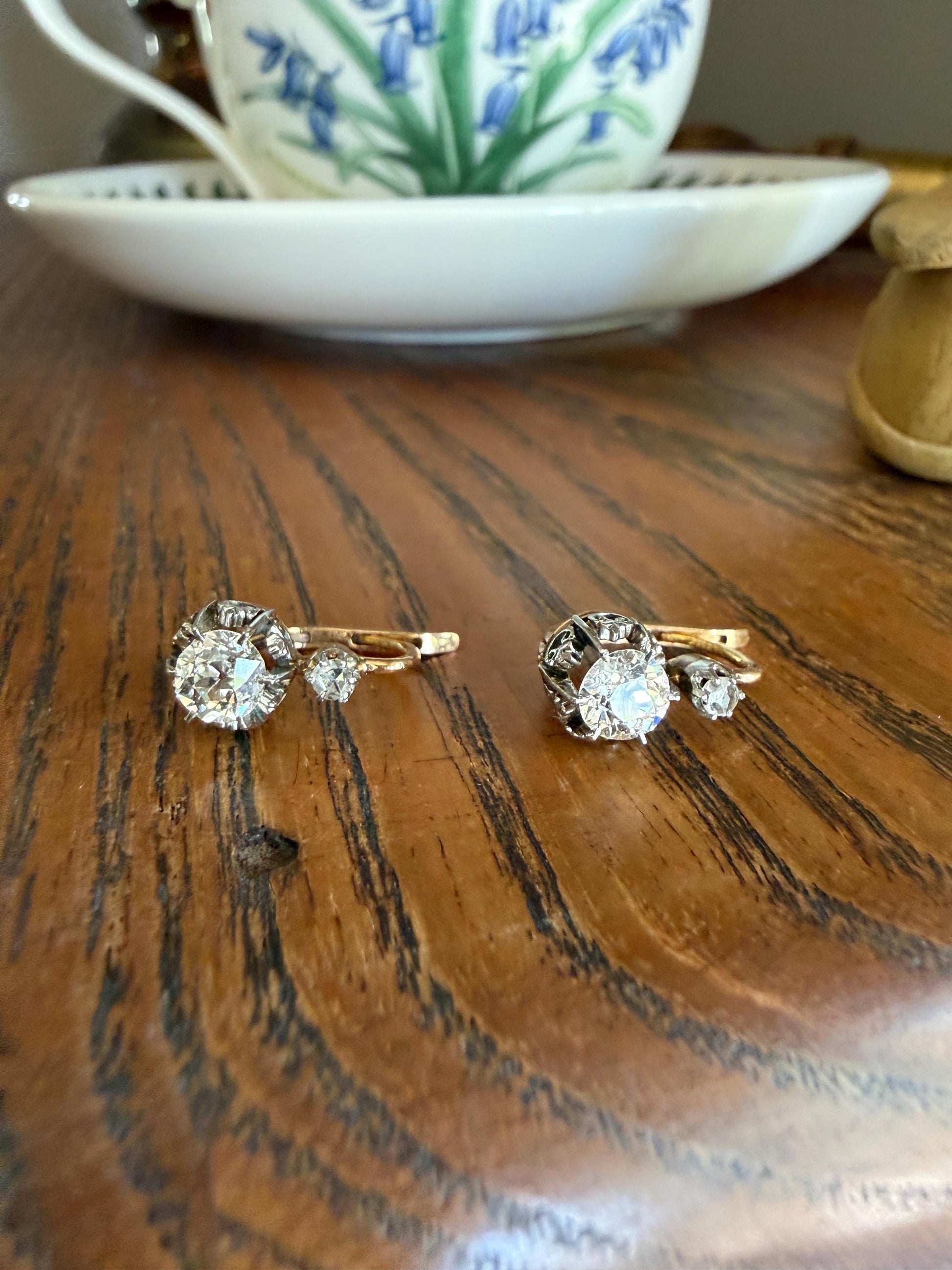 FRENCH Antique Eye Clean 1.25 Carat Tdw Old Mine Cut DIAMOND Natural Fleur de Lis Crown Earrings 18k Gold Platinum Victorian Dangle Dormeuse