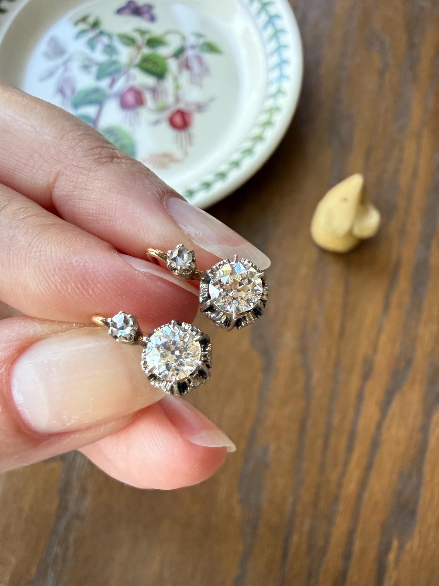 FRENCH Antique Eye Clean 1.25 Carat Tdw Old Mine Cut DIAMOND Natural Fleur de Lis Crown Earrings 18k Gold Platinum Victorian Dangle Dormeuse