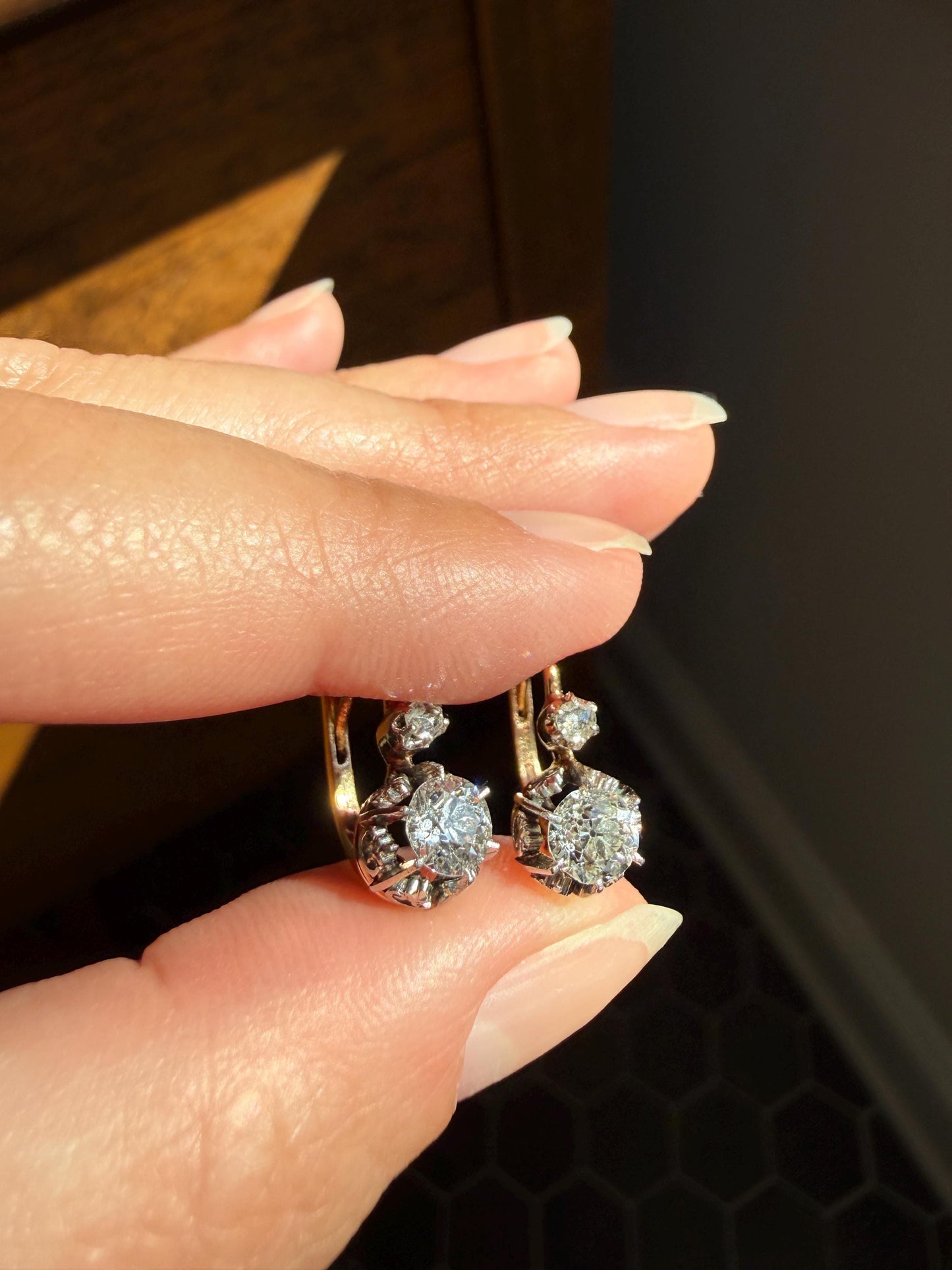 FRENCH Antique Eye Clean 1.25 Carat Tdw Old Mine Cut DIAMOND Natural Fleur de Lis Crown Earrings 18k Gold Platinum Victorian Dangle Dormeuse