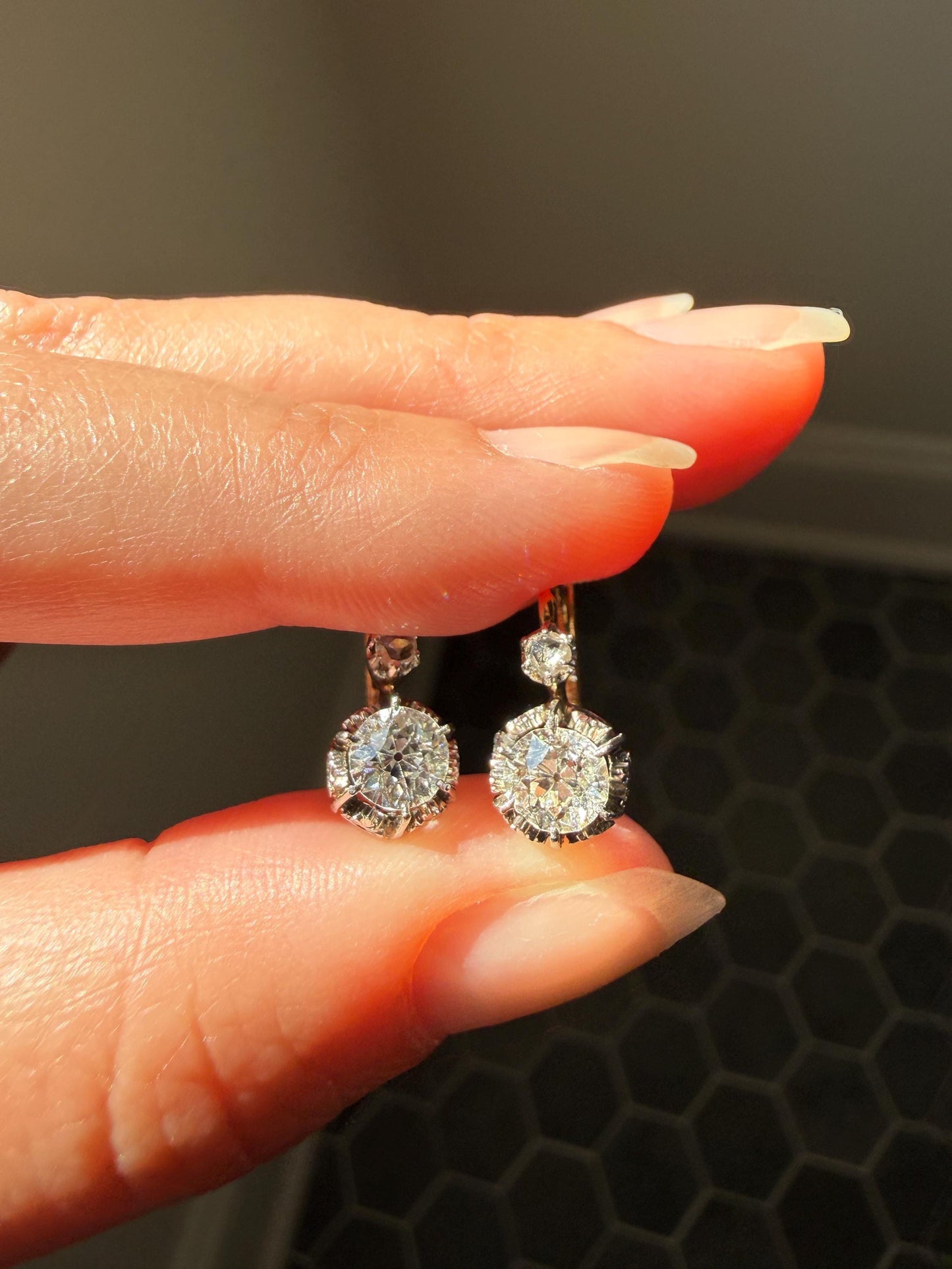 FRENCH Antique Eye Clean 1.25 Carat Tdw Old Mine Cut DIAMOND Natural Fleur de Lis Crown Earrings 18k Gold Platinum Victorian Dangle Dormeuse