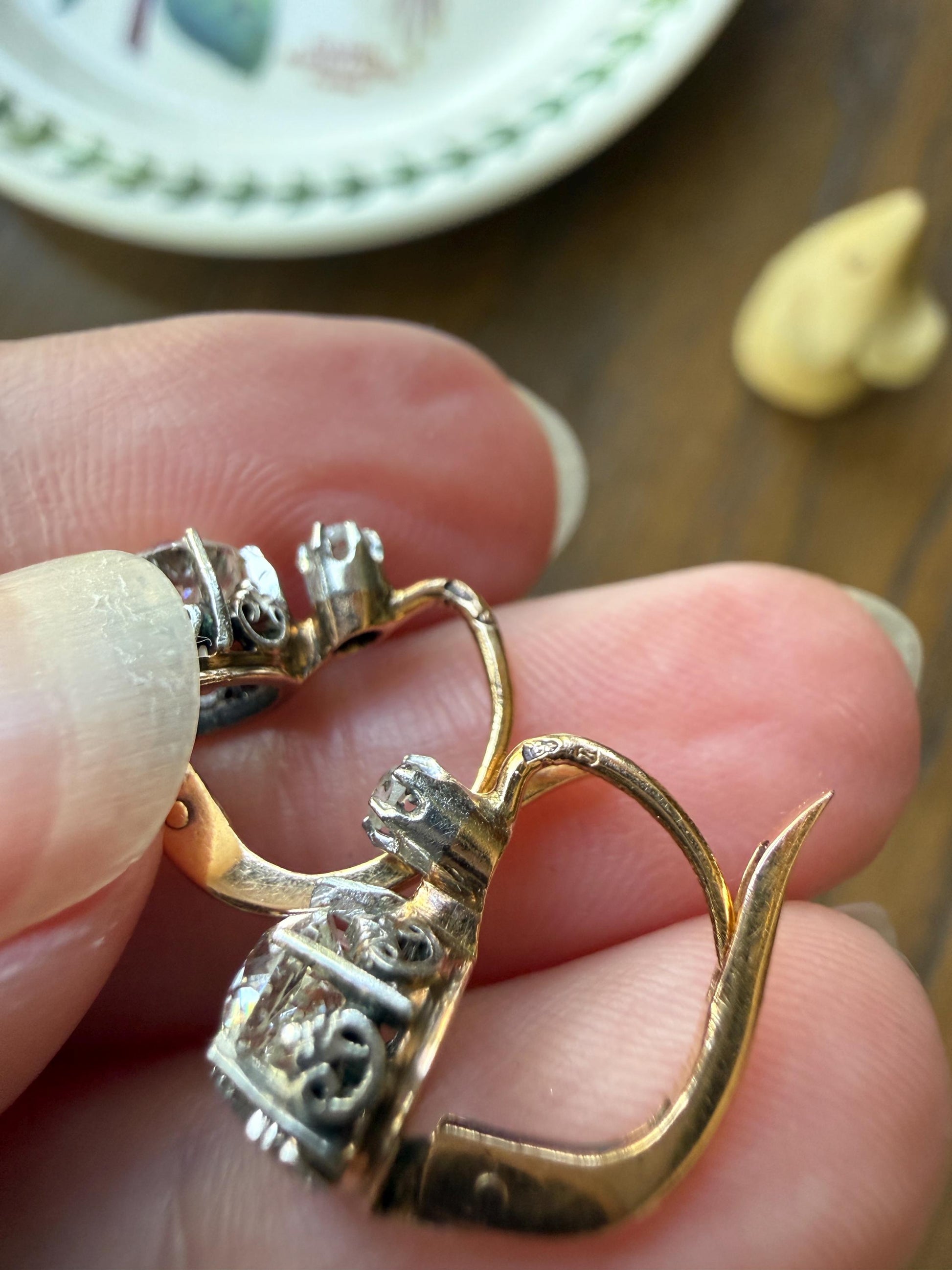 FRENCH Antique Eye Clean 1.25 Carat Tdw Old Mine Cut DIAMOND Natural Fleur de Lis Crown Earrings 18k Gold Platinum Victorian Dangle Dormeuse