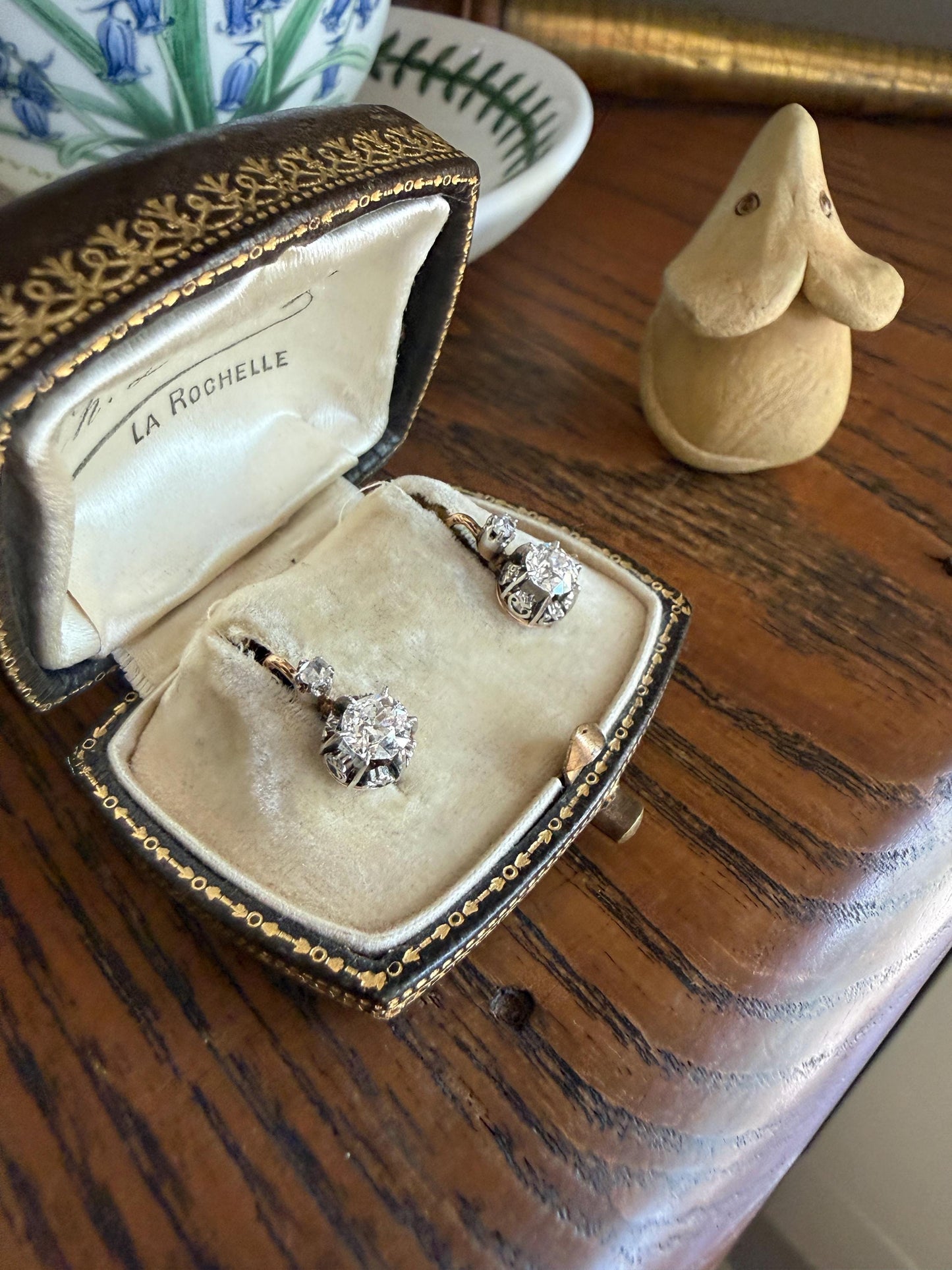 FRENCH Antique Eye Clean 1.25 Carat Tdw Old Mine Cut DIAMOND Natural Fleur de Lis Crown Earrings 18k Gold Platinum Victorian Dangle Dormeuse